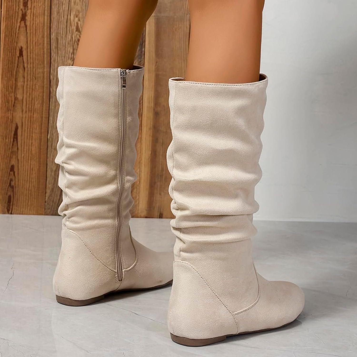 Slouchy Mid Calf Flat Boots for Women Round Toe Side Zipper Wide Width Tall Boots Soft Faux Suede Low Heel Pull On Booties Comfortable Fall Winter Fashion Outdoor Slouch Booties - Image 5