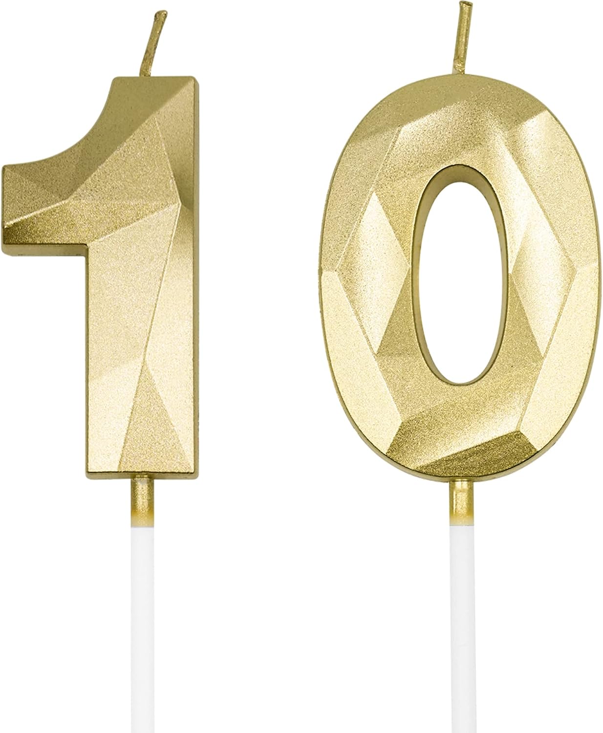 10th Birthday Candles for Cake, Gold Number 10 3D Diamond Shaped Candle Birthday Decorations Party Supplies for Girls or Boys