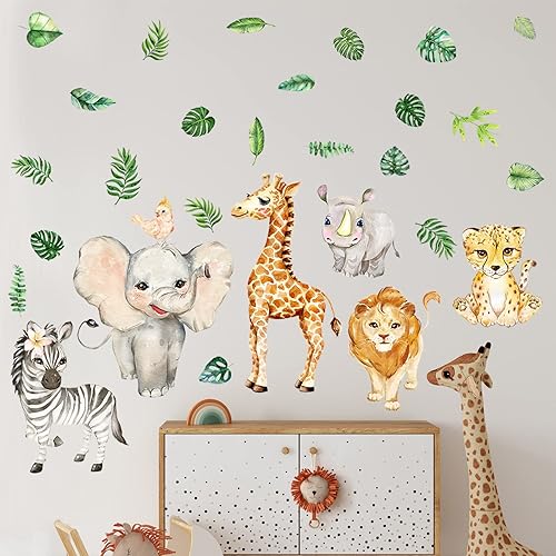 Miniatura 6 de Colarr 2 hojas de calcomanías de pared de animales de la selva, acuarela, safari, elefante, león, decoración de habitación de bebé, decoración de