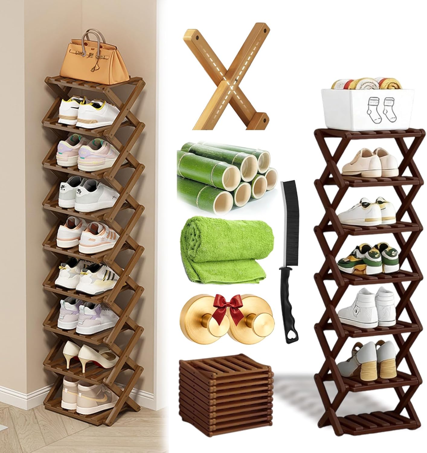 Foldable Shoe Rack, 2-9 Tier No-Tool Assembly Bamboo Organizer with Anti-Wobble X-Design for Small Spaces, Sturdy Vertical Storage Shelf for Entryway, Closet, Apartment & Dorm (Brown,7 Layers)