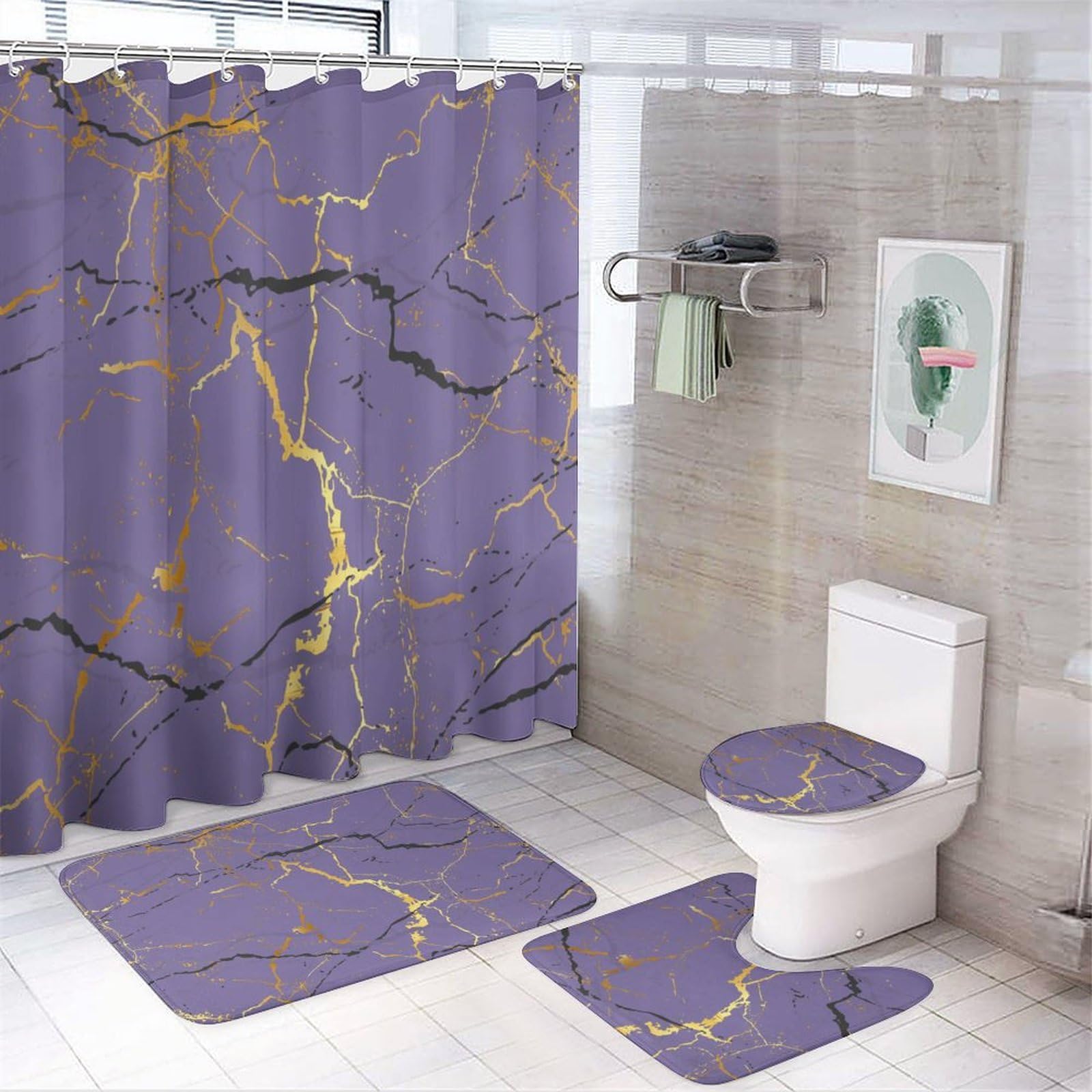 COALHO Abstract Modern Art Purple Marble Creative Bathroom Shower Curtain Set Rustic Luxury Purple Golden Marble Non Slip Waterproof Bath Mat Toilet Mat Rugs,183x183CM