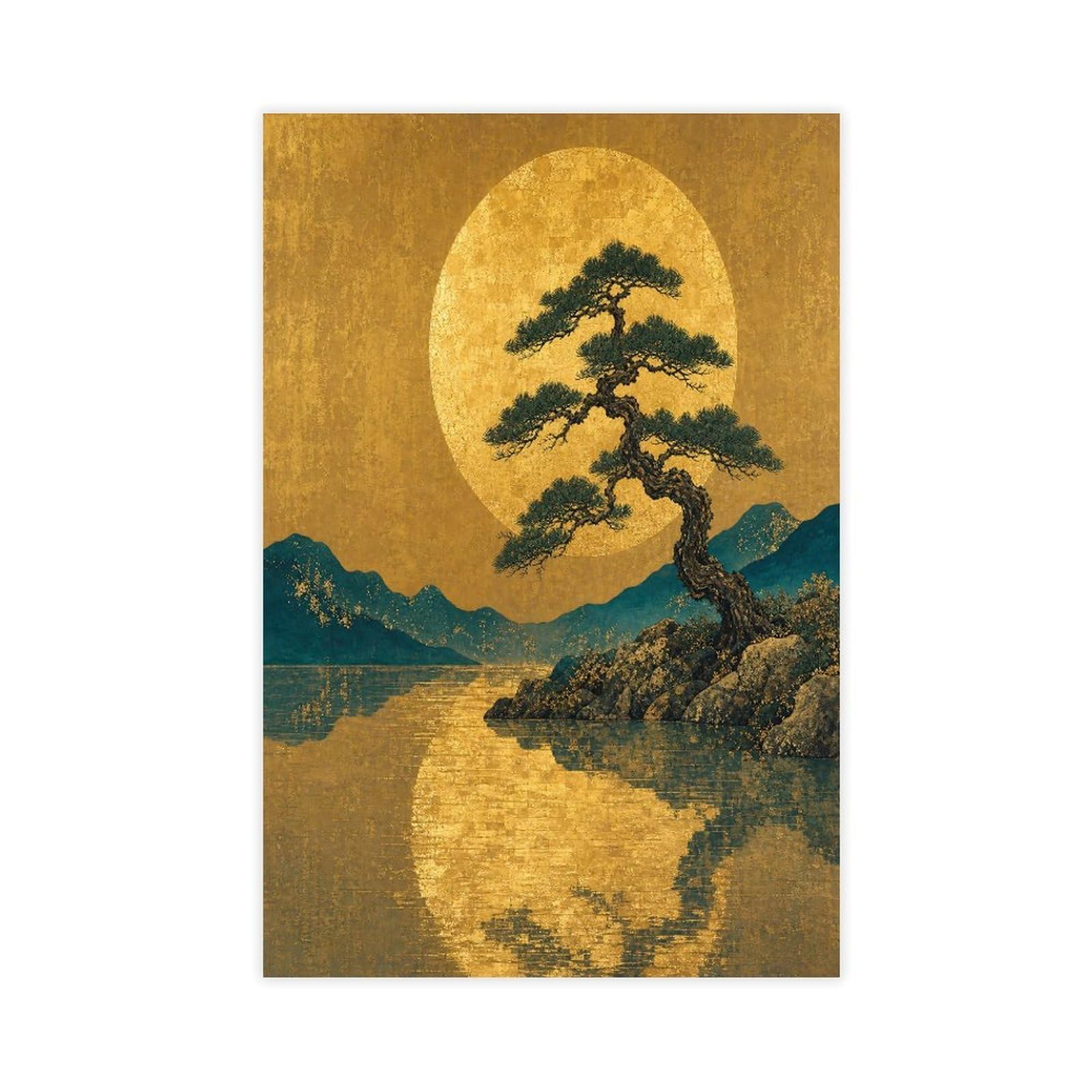 H3b8u2y5 Unframe-Style-3 Golden Moon Pine Landscape Canvas Wall Art, Gallery Wall