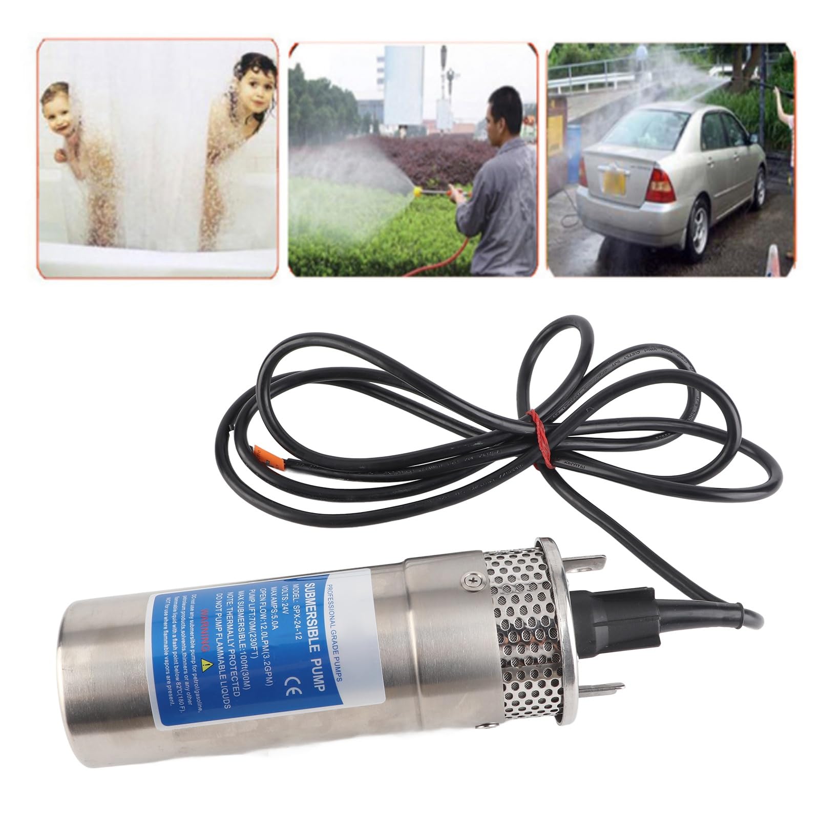 Wakects Bomba de Agua de Pozo Sumergible de 24 V, Bomba de Agua Solar de Acero Inoxidable 5 A 12 LPM 70 M de Cabeza Protección contra Funcionamiento en Seco para Estanque de Riego de Pozos Profundos