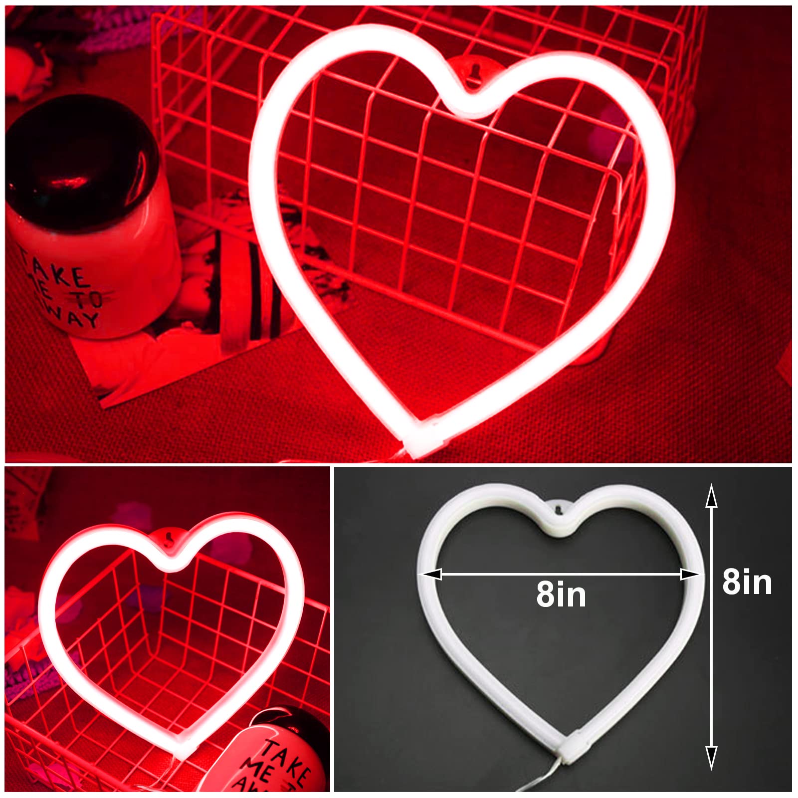 Letrero de neón de corazón rojo, funciona con pilas o USB, luz de neón LED para fiesta, bonita decoración del día de San Valentín y regalo, lámpara de decoración del hogar, luz de decoración de mesa y 3