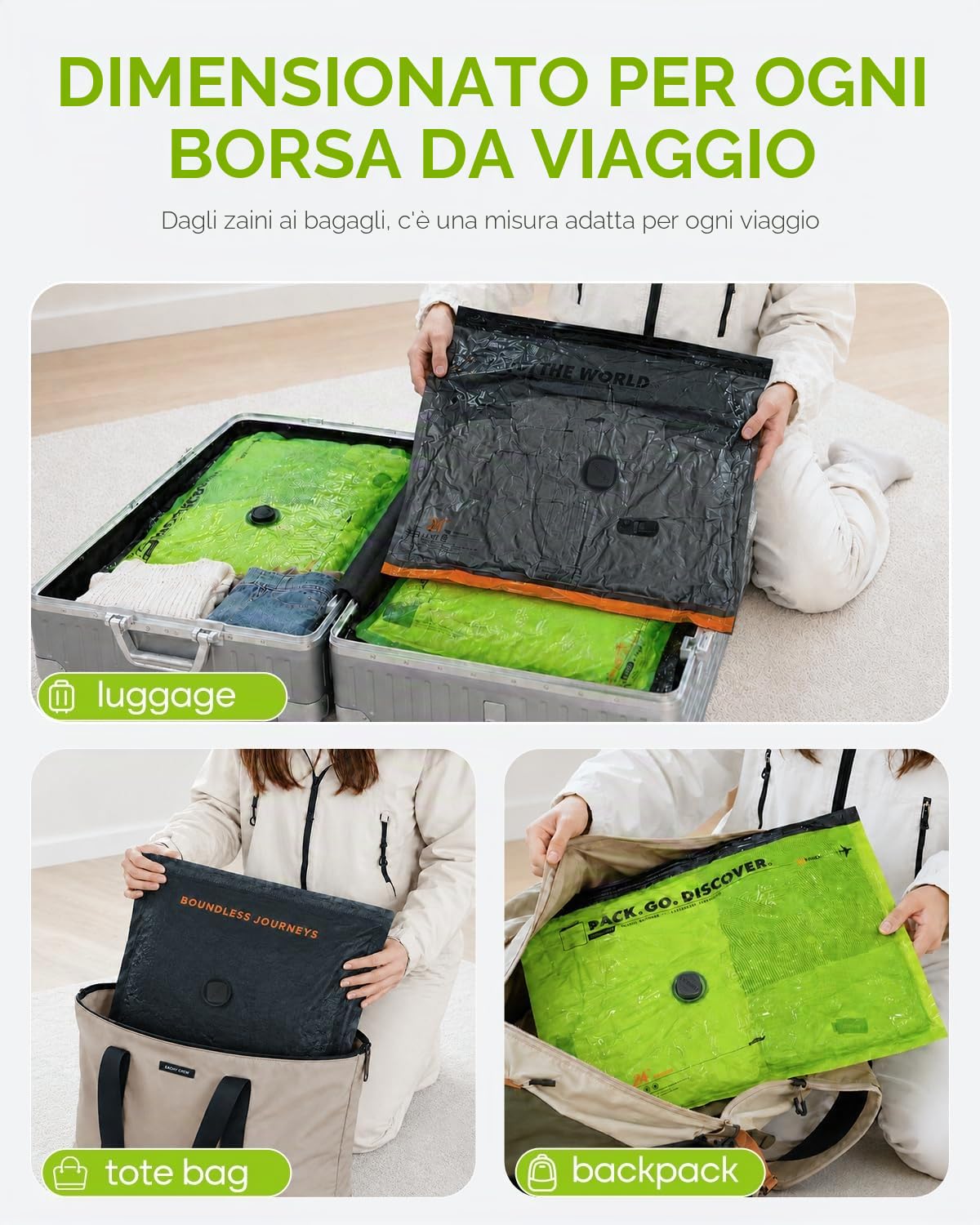 Vacbird 20 Pezzi Sacchetti Sottovuoto Vestiti viaggio con Pompa Ricaricabile Senza Fili, Buste Sottovuoto Vestiti in 3 Misure (40x54, 47x64, 47x64x12 cm) Salvaspazio per Bagagli e Valigie
