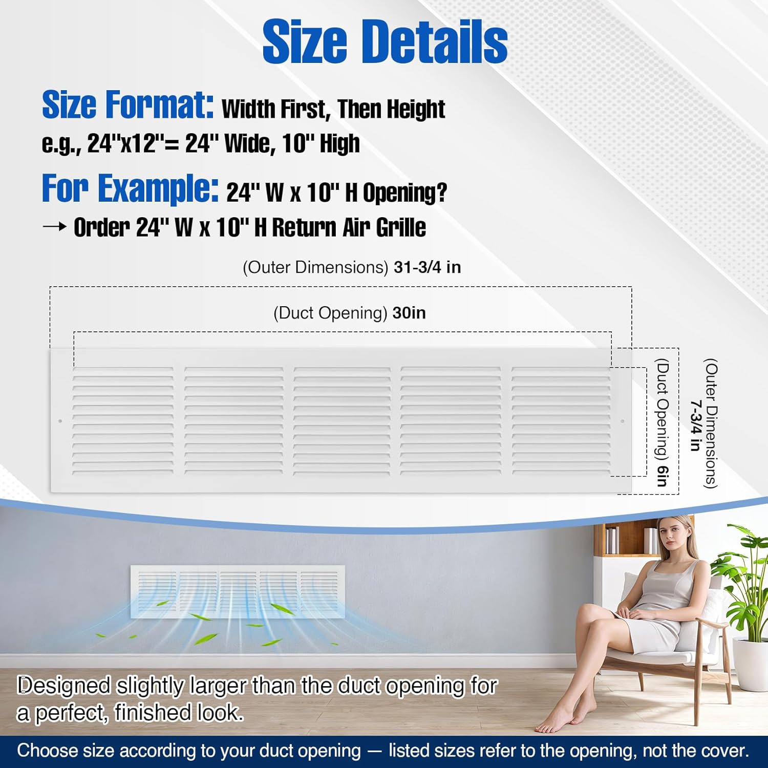 Fancat 30"W x 6"H Return Air Grille [Duct Opening Size], Steel HVAC Return Air Vent Cover for Wall & Ceiling, White Powder-Coated Rust-Resistant AC Cold Air Return, Outer Dimensions 31.75"W x 7.75"H