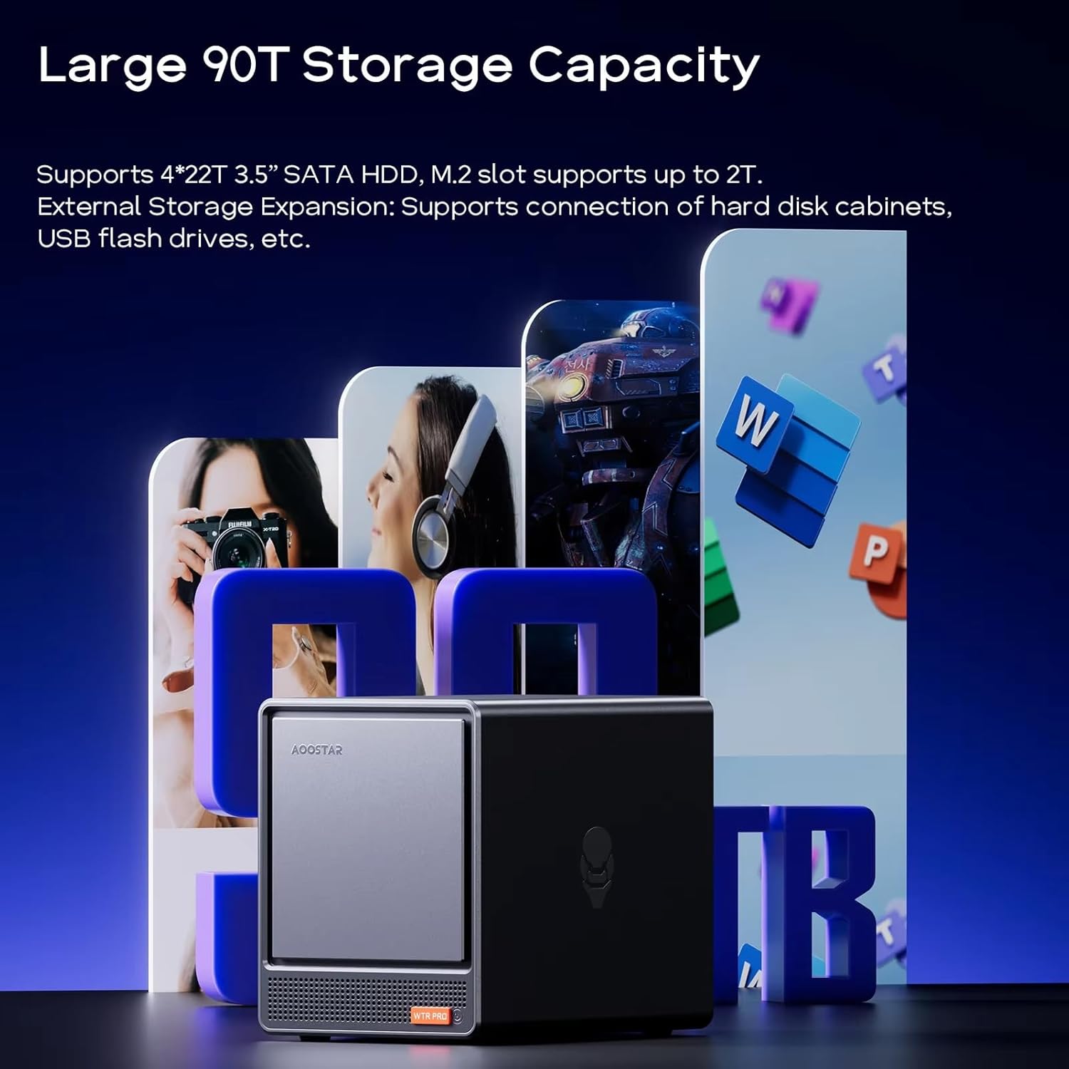 AOOSTAR WTR PRO Mini PC with multiple hard drives and M.2 SSDs installed, illustrating large storage capacity.