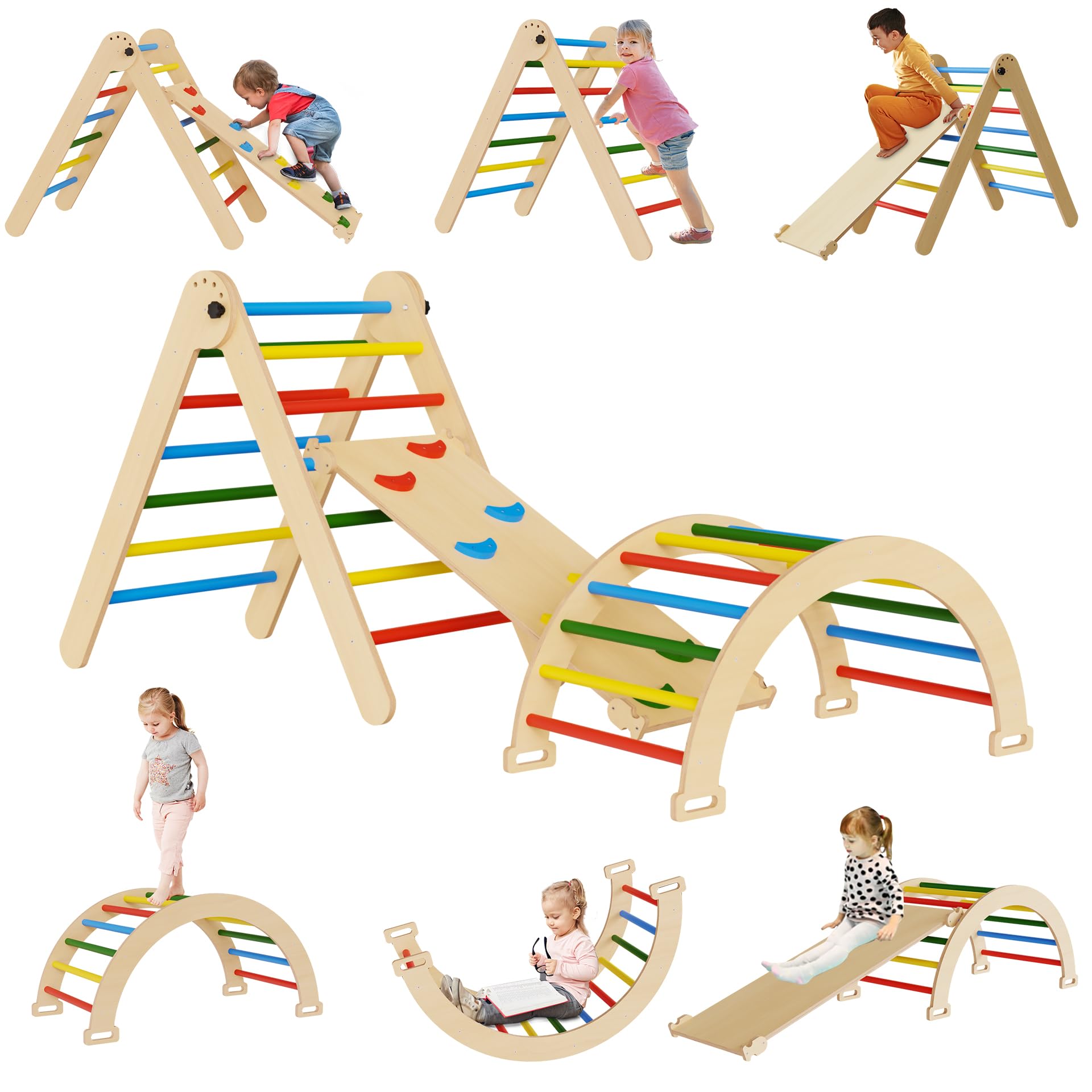 5 in 1 Extra Large Pikler Triangle Set, Indoor Climbing Toys for Toddler, Foldable Wooden Montessori Climbing Set with Arch, Ramp & Climbing Triangle, Baby Indoor Playground for Kids - Rainbow