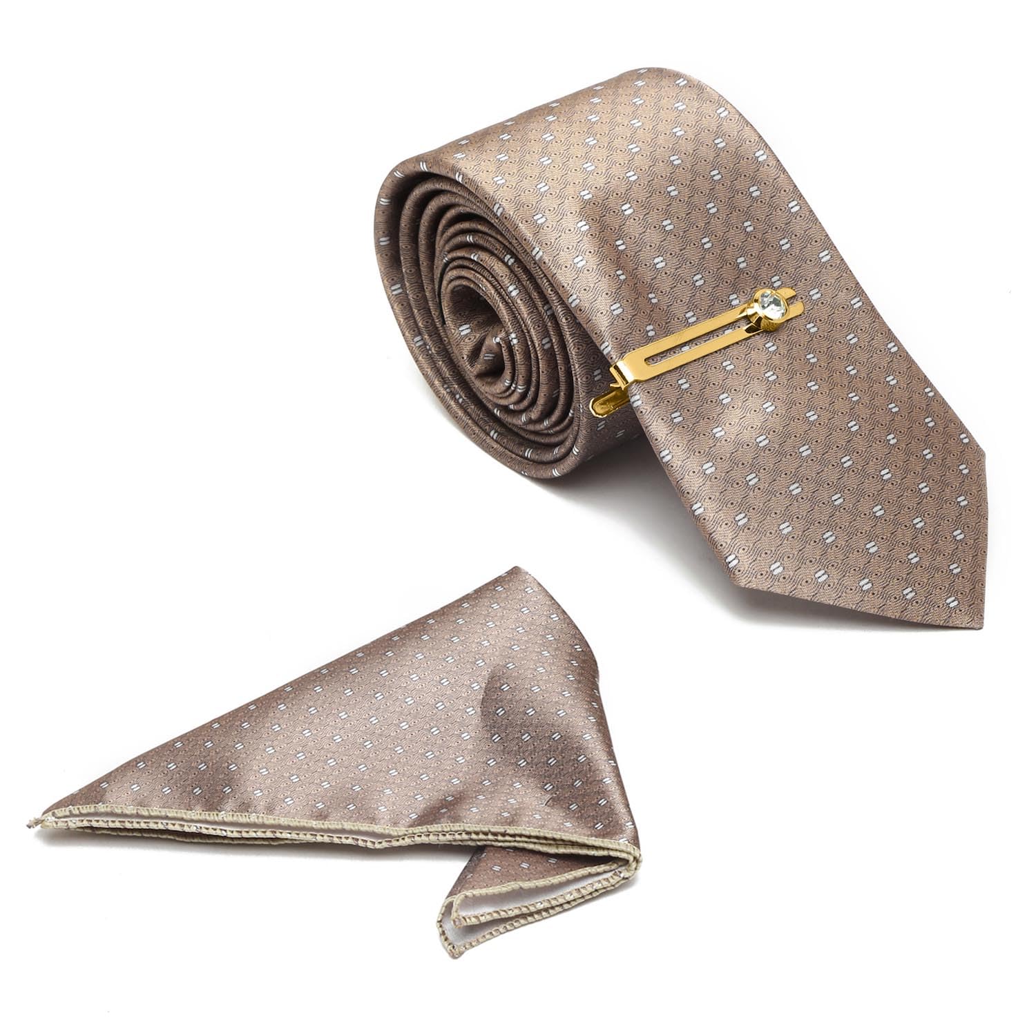 Mens Brown Silk Necktie Set Incl Pocket Square Golden Tiepin American Style Formal Tie Gift Set for Men (TEGPBR)-image-22