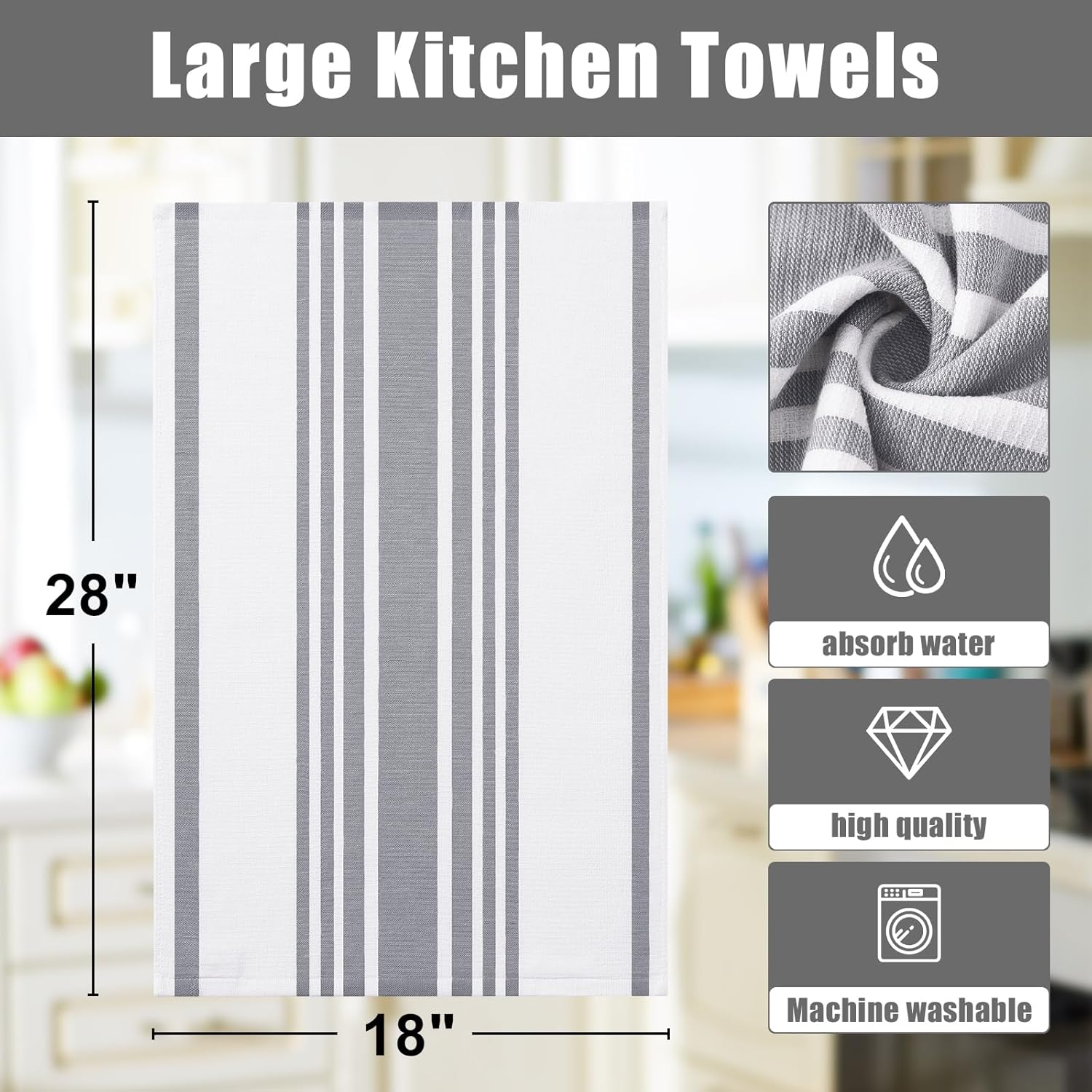 Homaxy Premium Kitchen Towels 18”x 28”, Large Cotton 380 GSM Kitchen Hand Towels, Stripe and Terry Dish Towel, Highly Absorbent Tea Towel Set with Hanging Loop, 6 Pack, Grey - Image 8