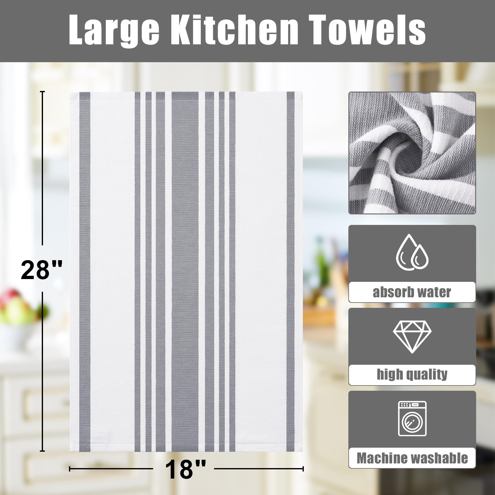 Homaxy Premium Kitchen Towels 18”x 28”, Large Cotton 380 GSM Kitchen Hand Towels, Stripe and Terry Dish Towel, Highly Absorbent Tea Towel Set with Hanging Loop, 6 Pack, Grey
