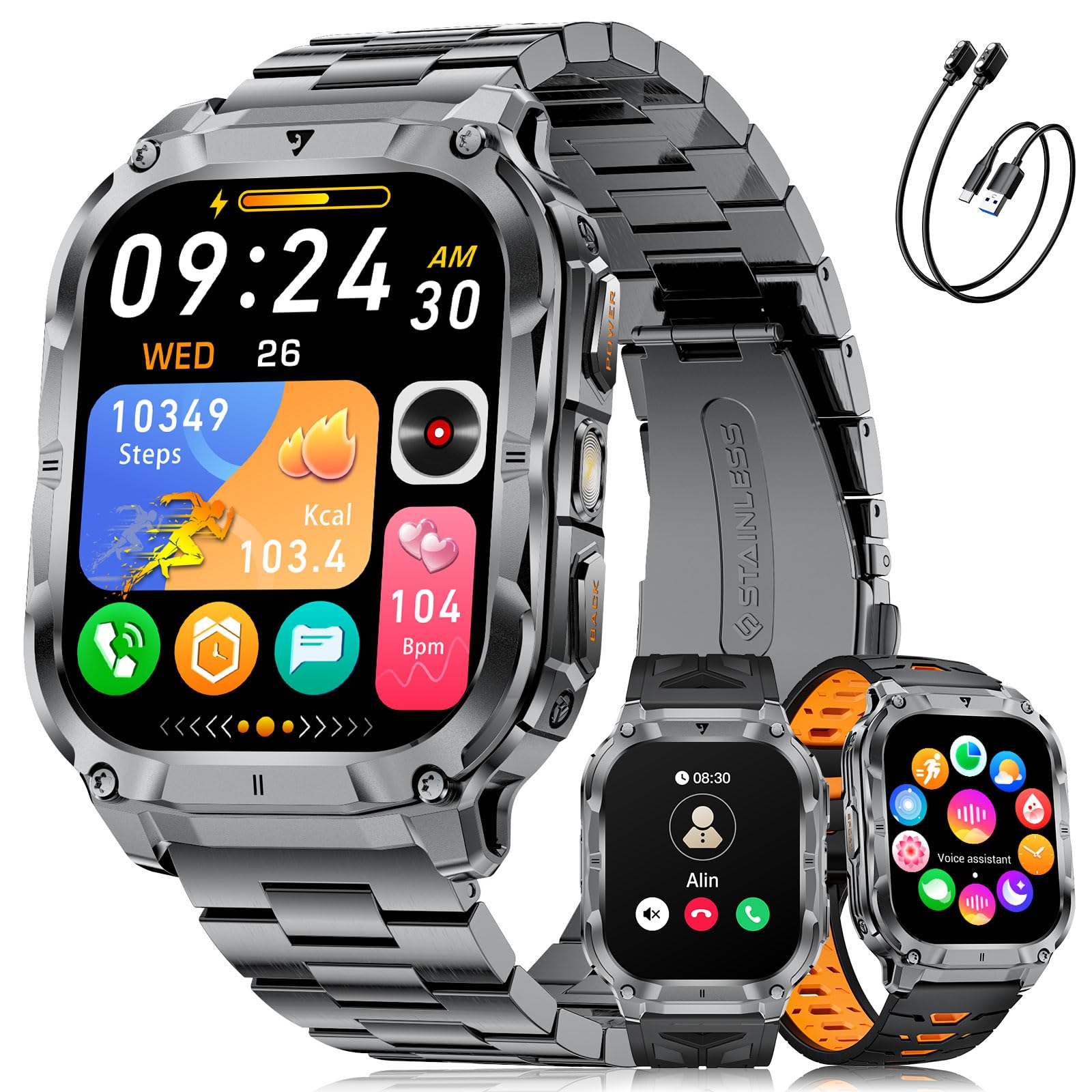 LIGE Militär Smartwatch Herren mit 1000mAh Akku/Telefonfunktion, 2.0" HD Touchscreen Fitnessuhr mit Herzfrequenz/Schlafmonitor/200+ Sportmodi, IP68 Wasserdicht Sportuhr für Android iOS, 3 Armbändern