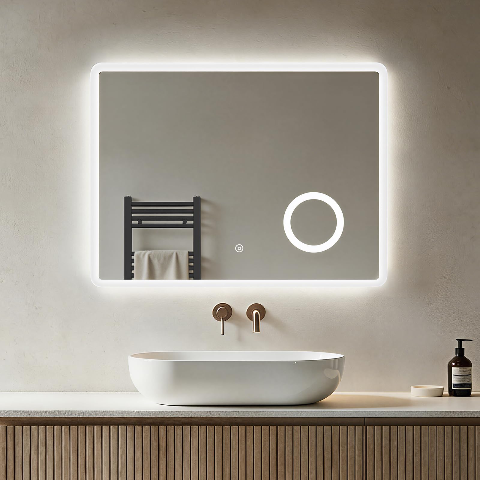 Heilmetz Bathroom Mirror with LED Lights, 800 x 600mm Bathroom Wall Mirror with Demister, Illuminated LED Mirrors with Shaver Socket and 3x Magnification, 6500k Vertical