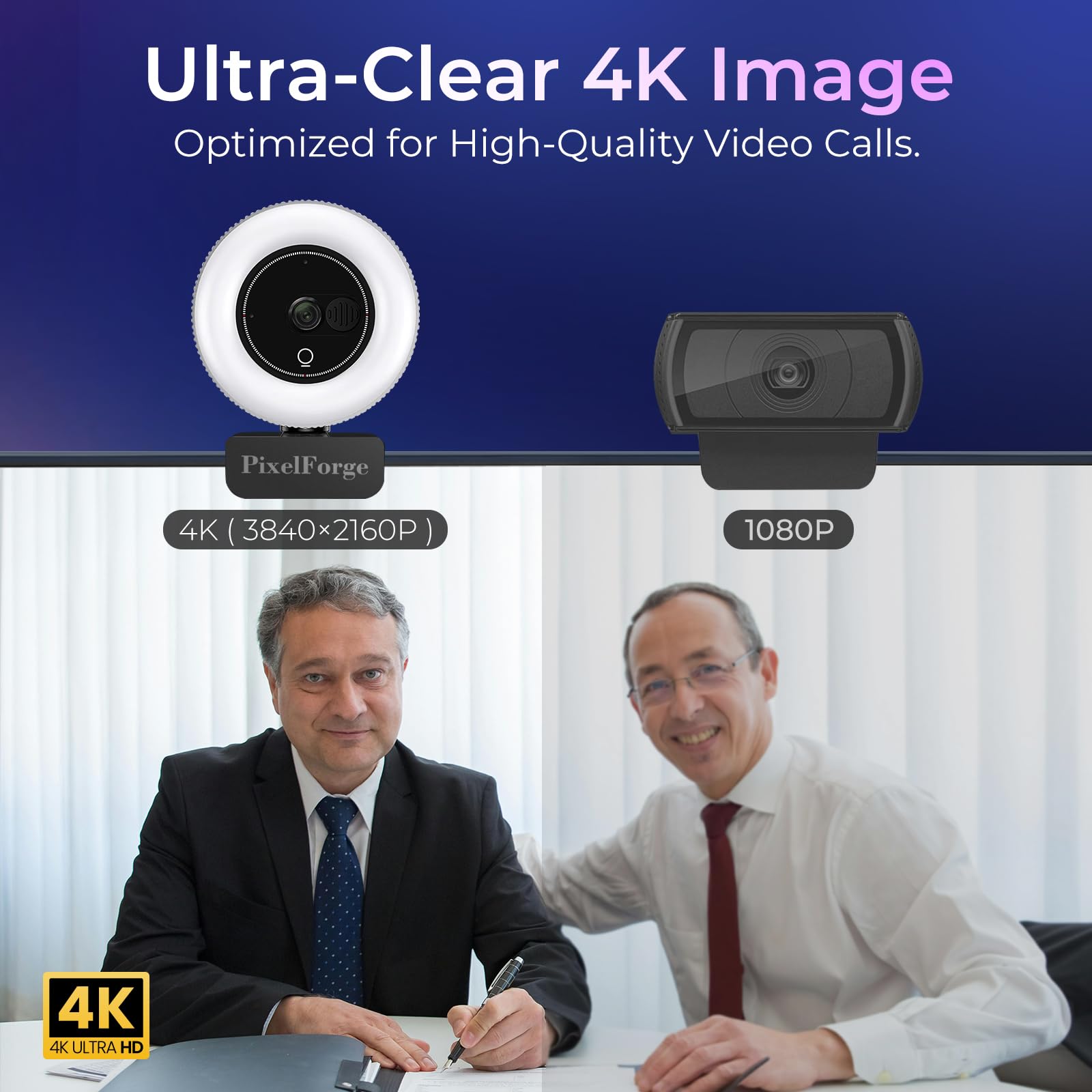 4K Webcam für PC mit Mikrofon & Licht & Privatsphäre Abdeckung, Webkamera für Desktop-Computer/Laptop/Monitor/Mac, 4K UHD Sony Sensor, PDAF Autofokus, Dual AI Noise Cancelling Mikrofone, USB Streaming