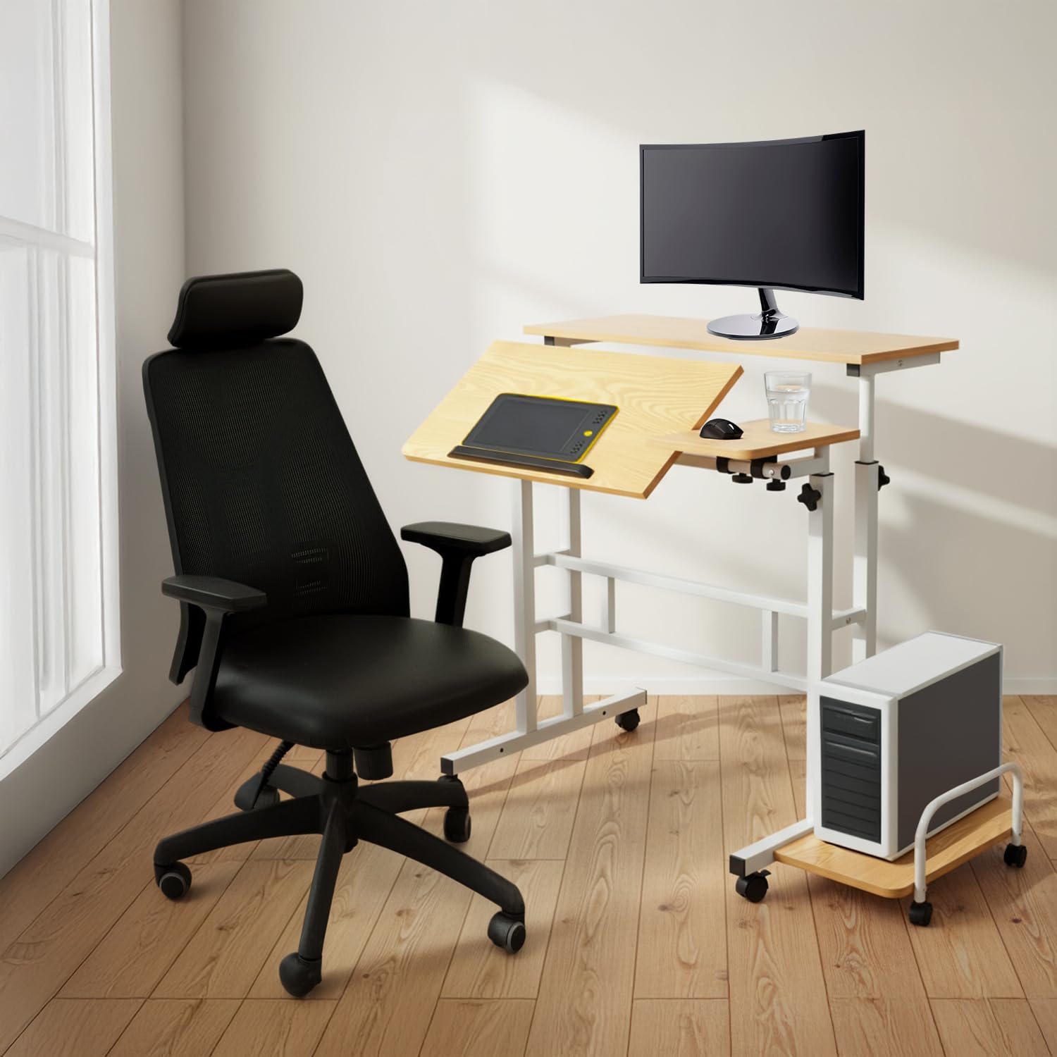 Maclean Regulowane biurko mobilne MC-124 na kółkach, uchylny blat 80x60 cm, regulowana wysokość 67-115 cm, nośność 50 kg, ergonomiczna półka boczna, do domu, biura, studia (Biały)