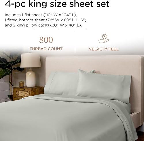 Miniatura 2 de Threadmill - Sábanas de 800 hilos tamaño King, 100% de algodón, sábanas de tejido satinado color gris claro, juego de 4 piezas, se adapta a