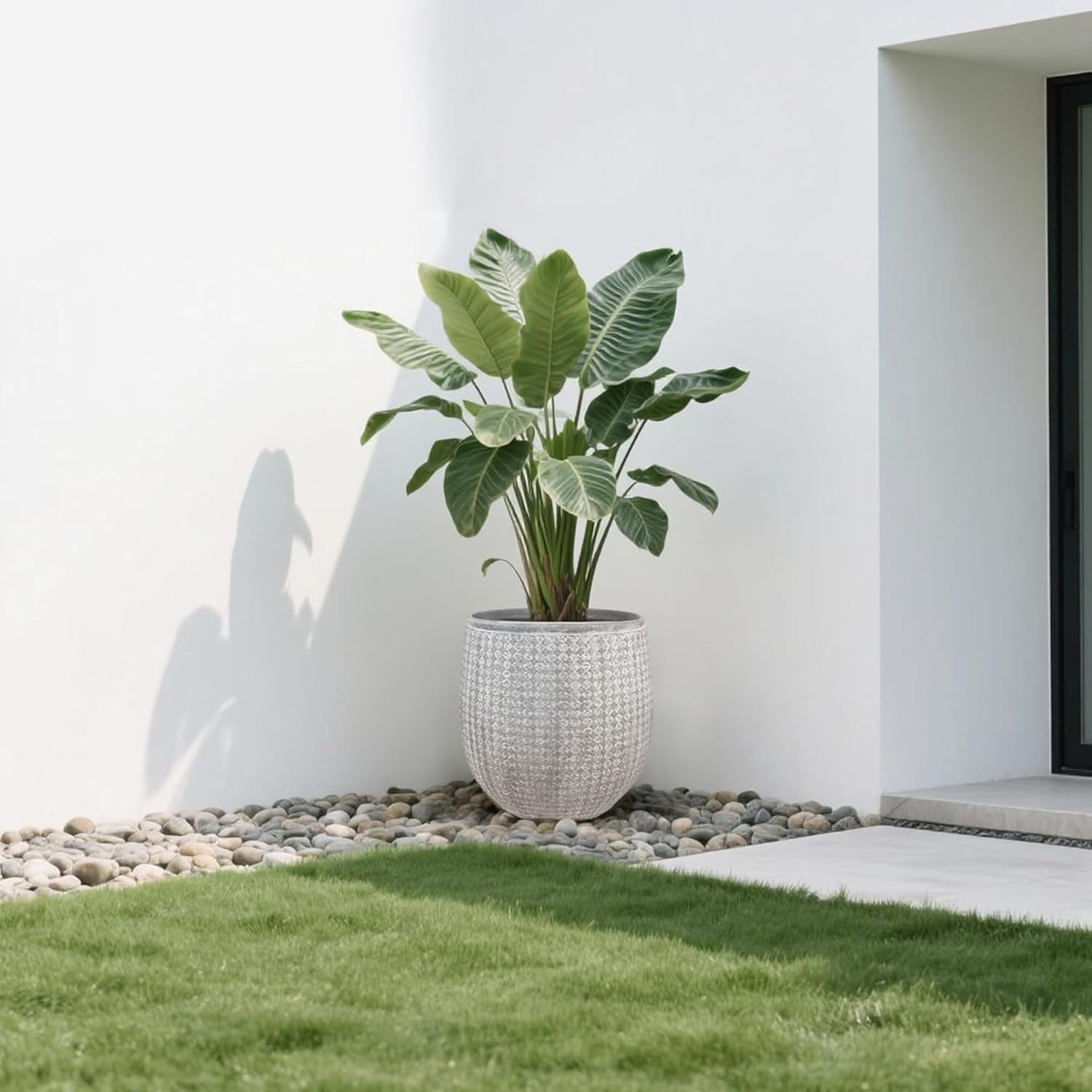 Worth 14.5" Round Planter, Lightweight Magnesium Oxide Cement Plant Pot, Raised Pattern Concrete Look with Drainage Hole for Indoor/Outdoor Use, Grey