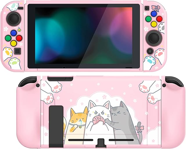 PlayVital Miękkie Etui Ochronny TPU Slim na Switch Konsolą,Joycon Grip Cover do Switch,Obudowy Protective do Switch z Nakładki Kierunkowe & Czapki Przycisków ABXY-Głodne Kociaki
