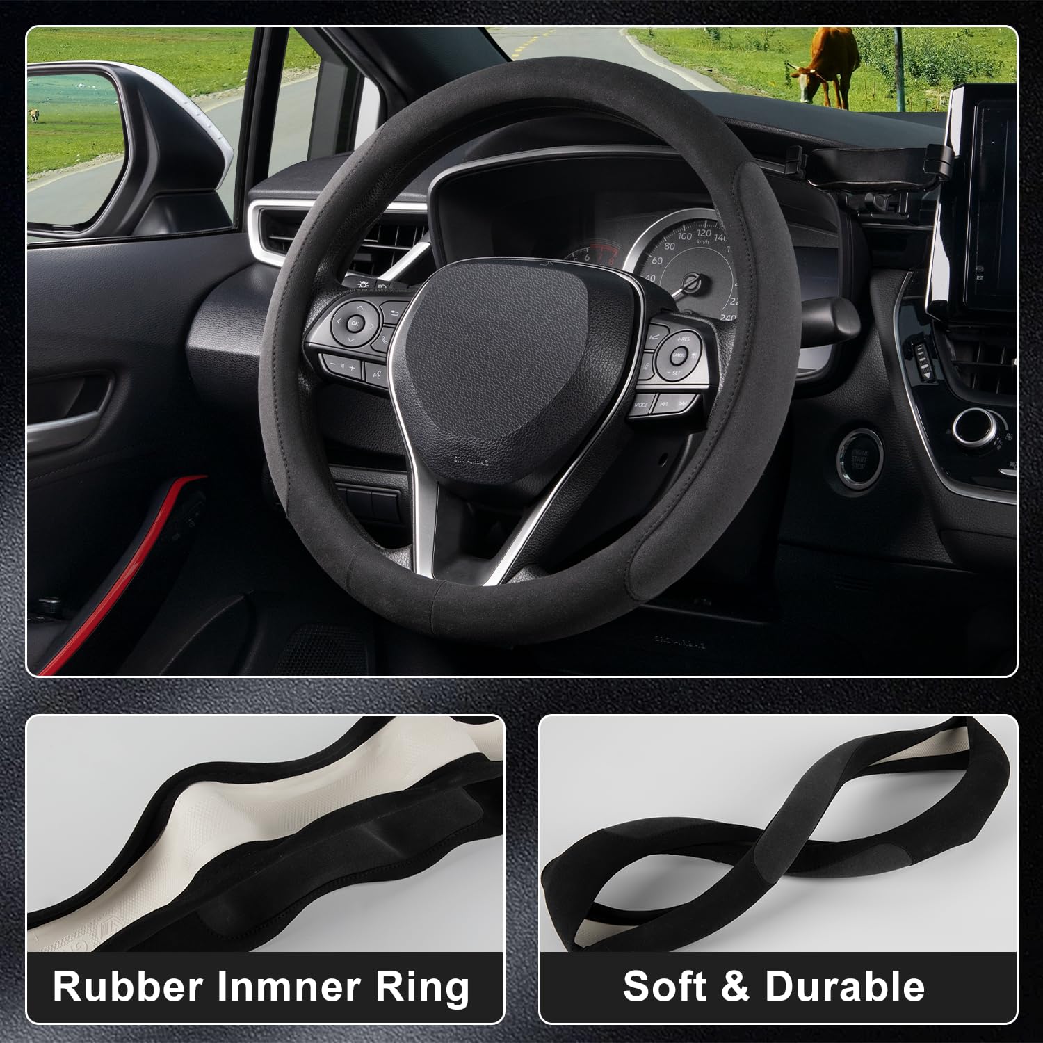 COFIT Coprivolante Auto in Microfibra Scamosciata, Copri Volante Universale 37-38 cm, Copri Sterzo Camion Antiscivolo, Nero e Grigio