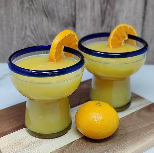 Miniatura 7 de Dos Sueños Vidrio soplado a mano mexicano – Juego de 4 vasos de margarita con borde azul soplado a mano sin tallo (14 onzas)