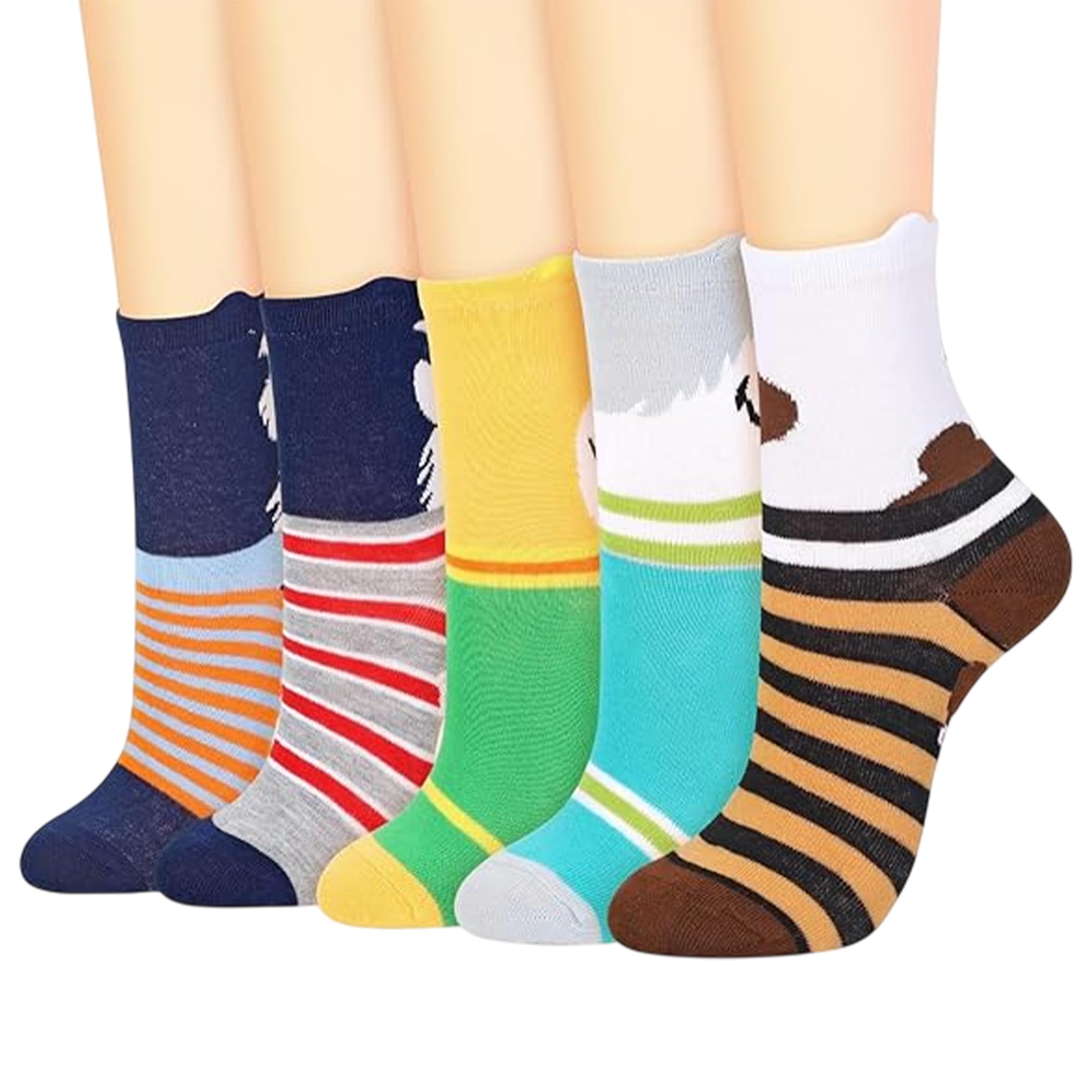 Vinsani Women's Dog Face & Stripes Vinsani® Dog Face & Paws Stripes Print Socks 5 Pairs Pack - Stripe Design Onesize Fits All Cotton Socks With Puppy Face & Feet