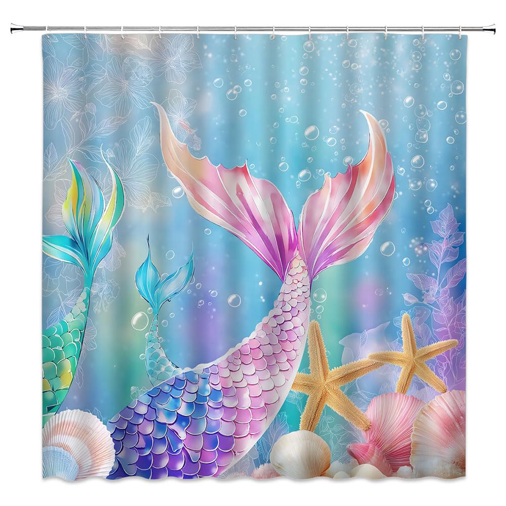 WUASDCS Mermaid Shower Curtain Fantasy Style Sea Ocean Beach Mermaid Tail Colorful Coral Reef Starfish Dreamy Marine Life for Girl Bathroom Decor