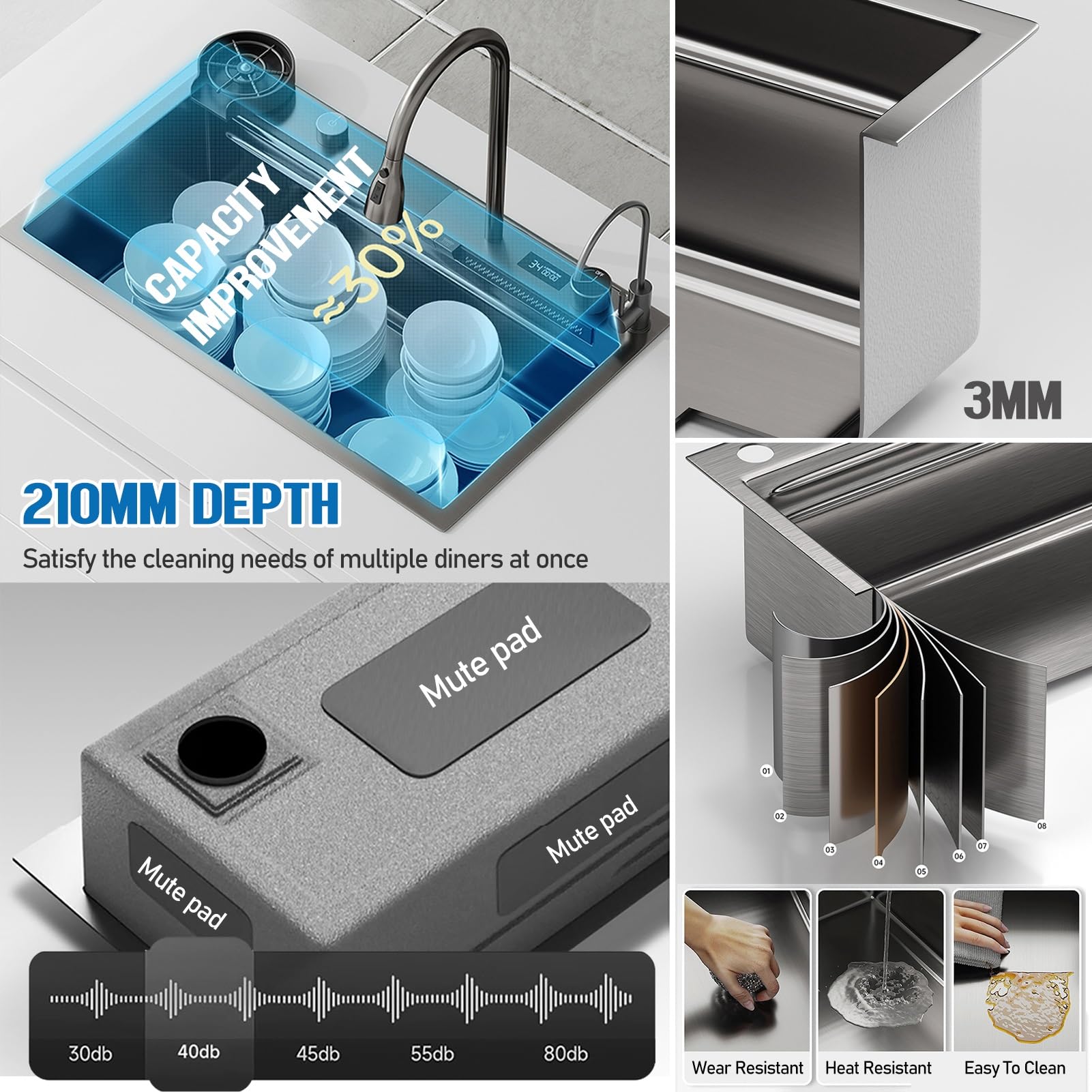 Fregadero De Cocina Moderno De Acero Inoxidable Con Grifo Con Indicador De Temperatura, Diseño En Cascada, Fregadero Multifuncional De Un Solo Recipiente, Con Grifo Extraíble, Juego Completo De Fregad