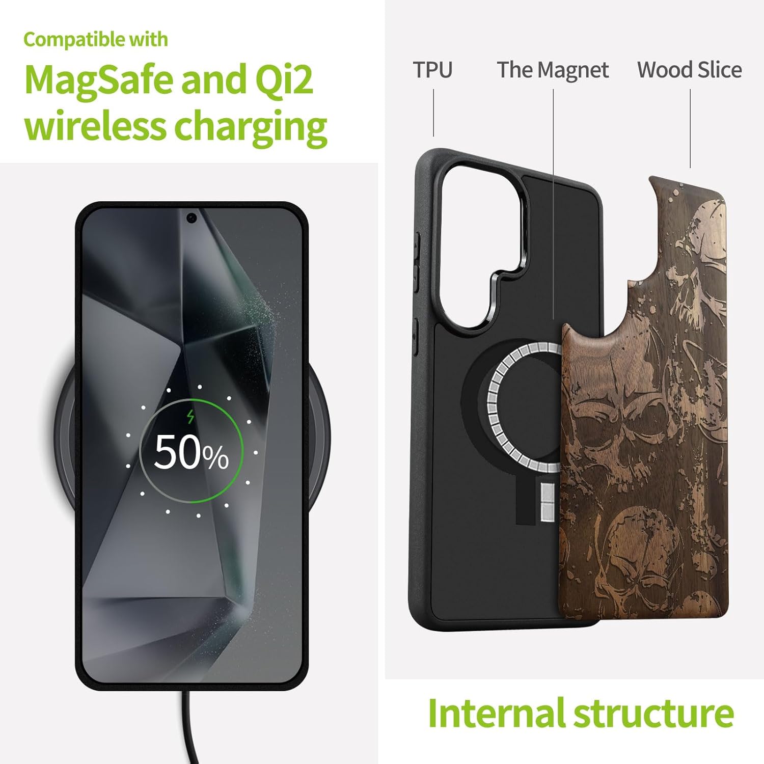 Carveit Magnetic Wooden Case for Samsung Galaxy S26 Ultra Case 2026, TPU Shockproof Cover & Wood Artisan Engraved, Compatible with MagSafe Wireless Chargers (Grunge Style Skull Pattern) Walnut