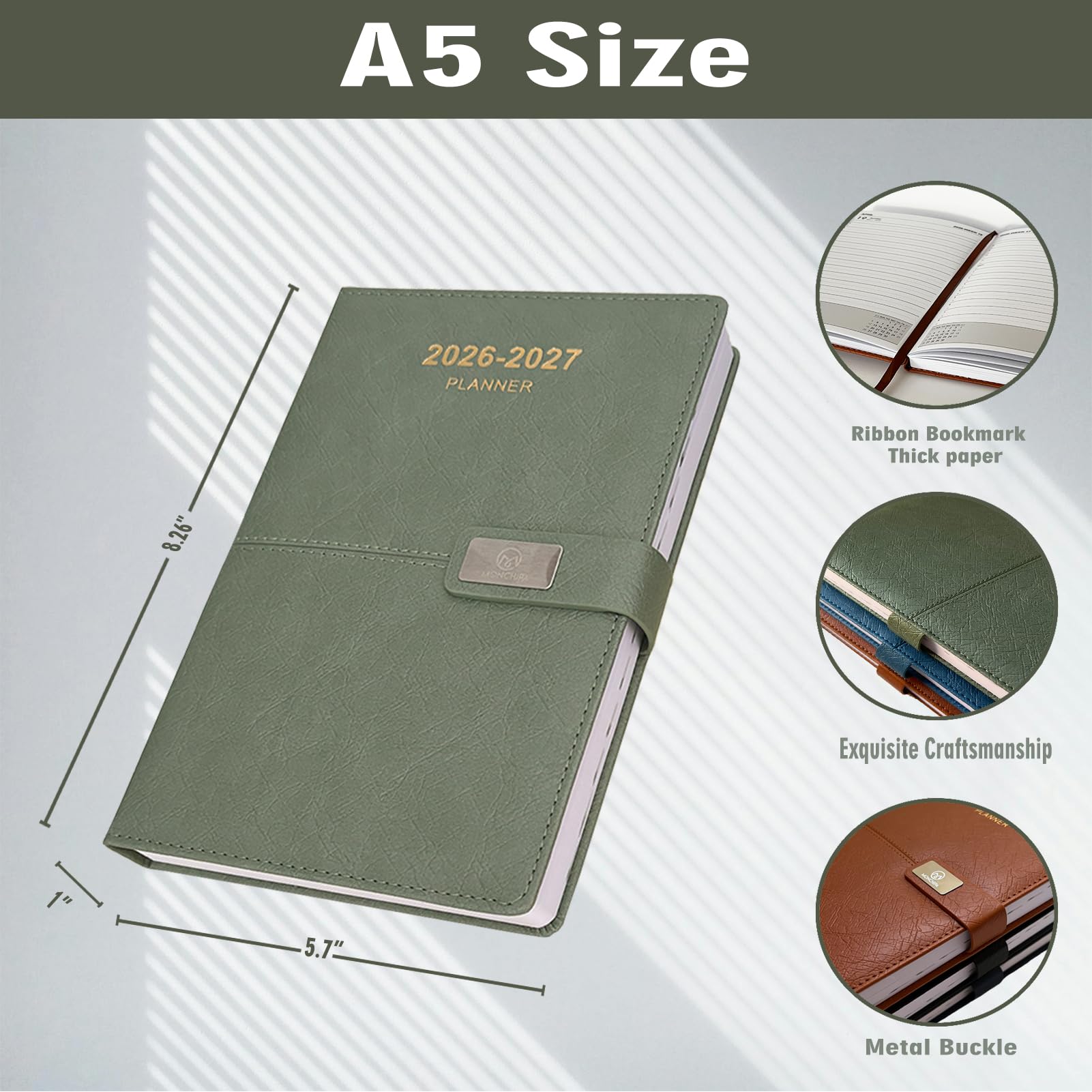 Tagesplaner 2026-2027 - Eine Seite pro Tag, 2026-2027 stündlicher Tageskalender (Juli 2026 - Juni 2027), 14,5 x 21,0 cm Terminkalender, Ledereinband + dickes Papier (26-27 Grün)