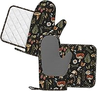 Vista 2 de Manoplas de Horno con Diseño de Hongos, Juego de Agarraderas de Silicona Vintage con Hoja Mágica, Guantes de Cocina Agarraderas Resistentes al Calor