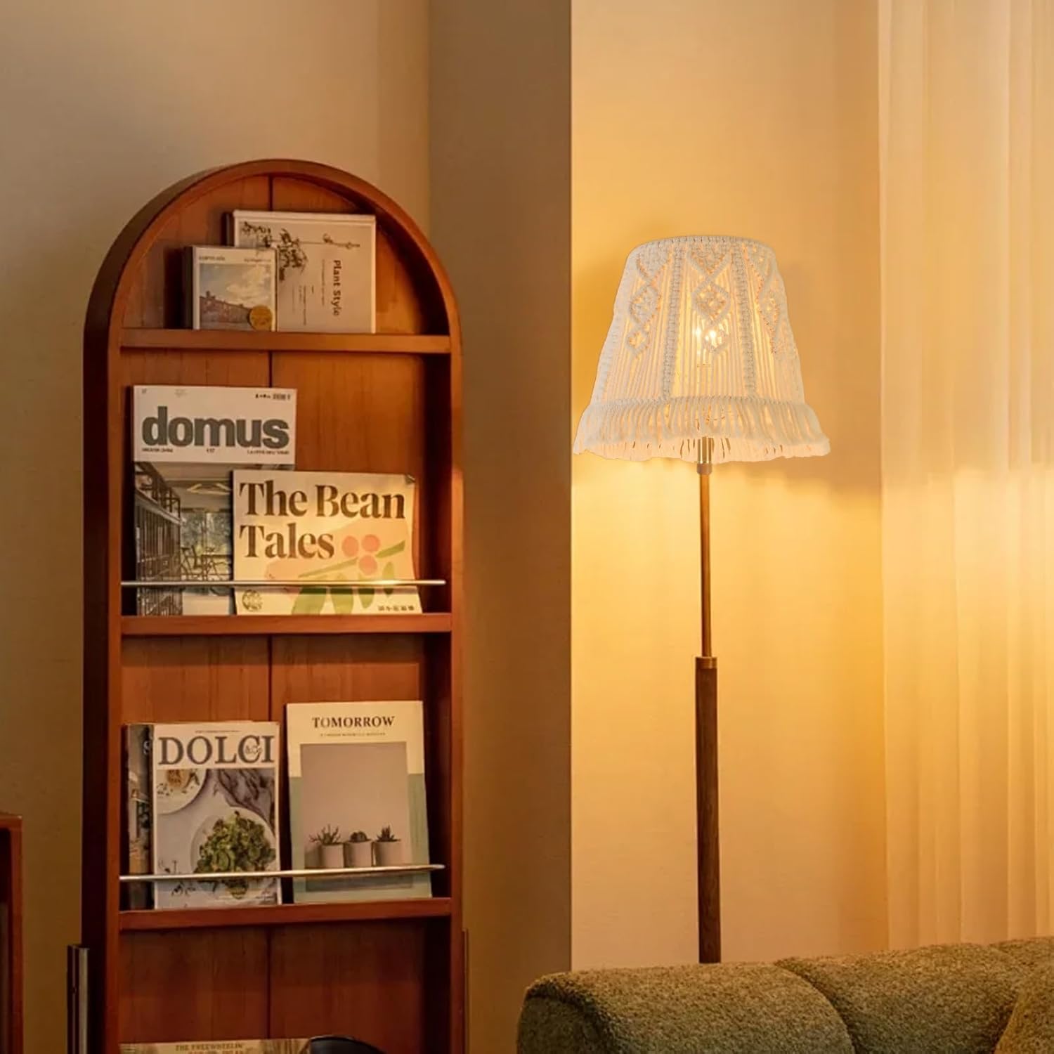 White-Ivory Boho Woven Lamp Shade Bell Tassels Lampshade 7.5``Top x 12``Bottom x 11``High(Spider) Medium Handmade Lamp Shades for Table & Bedside Lamp - Easy Assemble