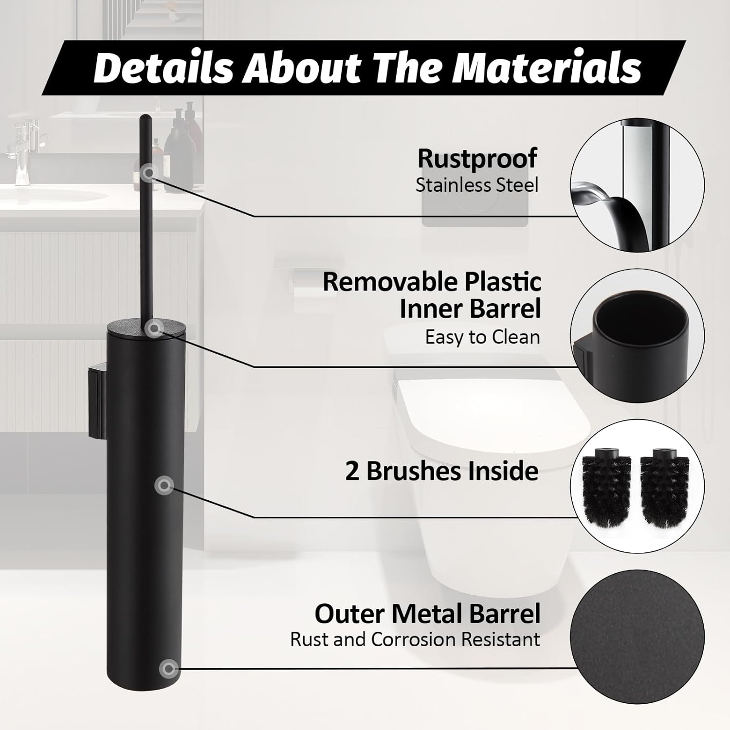 BGL Toilet Brush and Holder Set Matte Black Wall Mounted for Bathroom Round Design