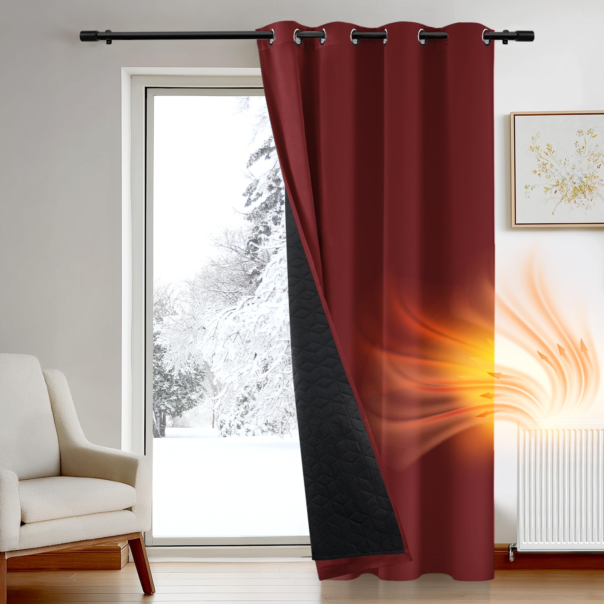 Deconovo Christmas Thermal Door Curtains, Draught Reduction Window Panel with Thick Microfiber Quilted Lining, Energy Saving Eyelet Curtain for Bedroom, 52 x 84 Inch (W x H), Red, 1 Piece — image 1