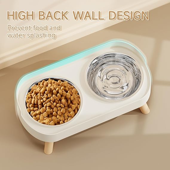 fanado Raised Cat Bowl, Elevated Cat Food and Water Bowl Set for Indoor Cats, Splash Proof with 2 Stainless Steel Pet food Bowls for Cats and Puppies, Whisker Fatigue and Dishwasher Safe - White