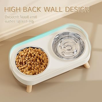 fanado Raised Cat Bowl, Elevated Cat Food and Water Bowl Set for Indoor Cats, Splash Proof with 2 Stainless Steel Pet food Bowls for Cats and Puppies, Whisker Fatigue and Dishwasher Safe - White