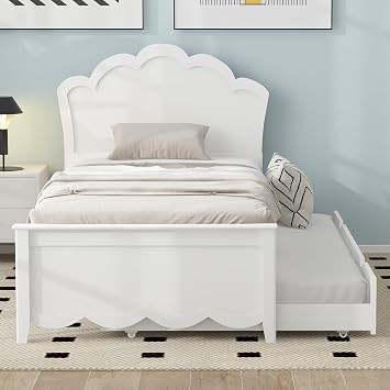 Twin Size Platform Bed, Wooden Bed Frame with Twin Size Trundle and Headboard Design for Bedroom, Wood Slat Support, No Box Spring Needed, Easy Assembly White
