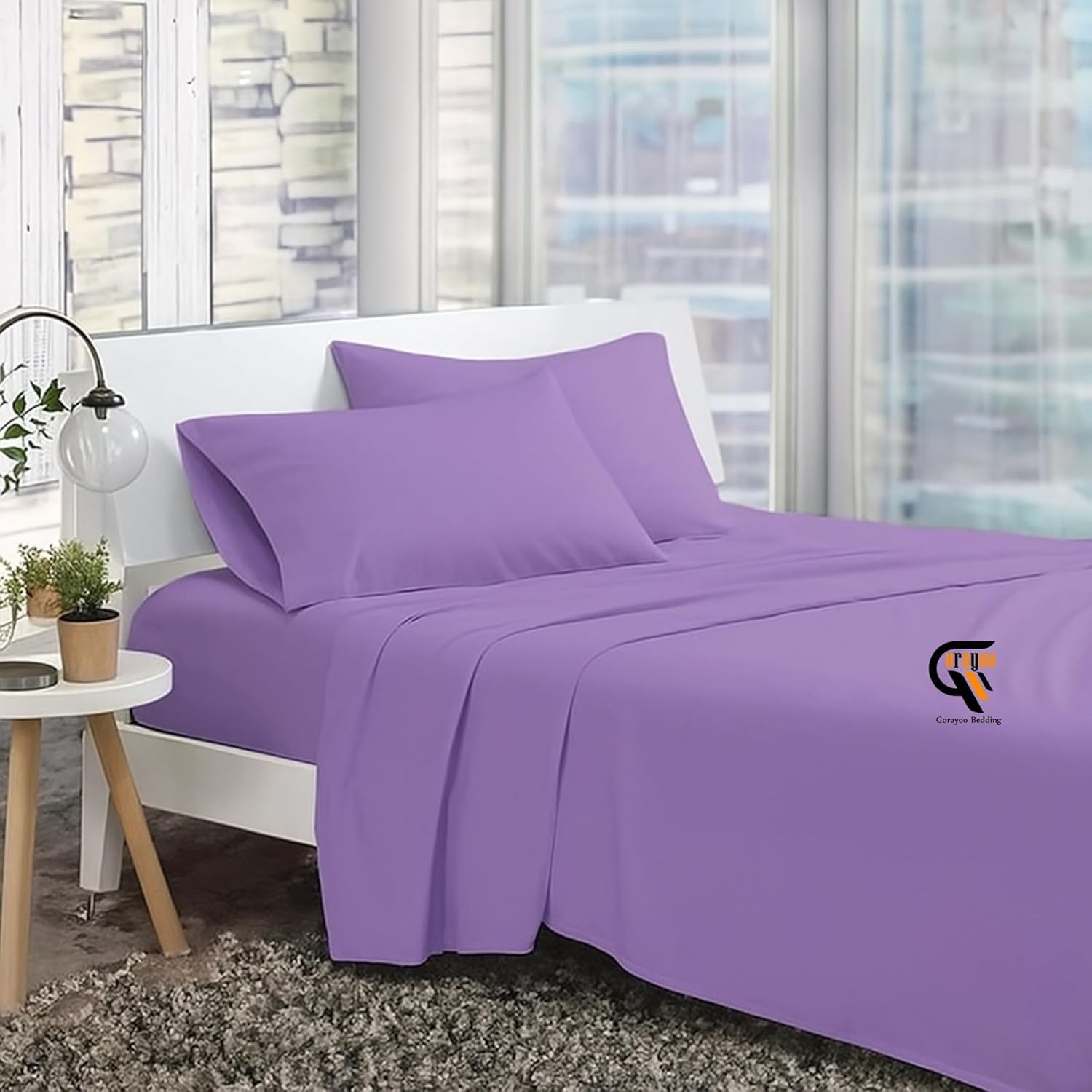 Gorayoo Bedding Flat Bedsheets Single Size Egyptian Cotton - 400 Thread Count Pocket Long Staple Sateen Weave Flat Sheet with 2 Pillowcover - Lavender