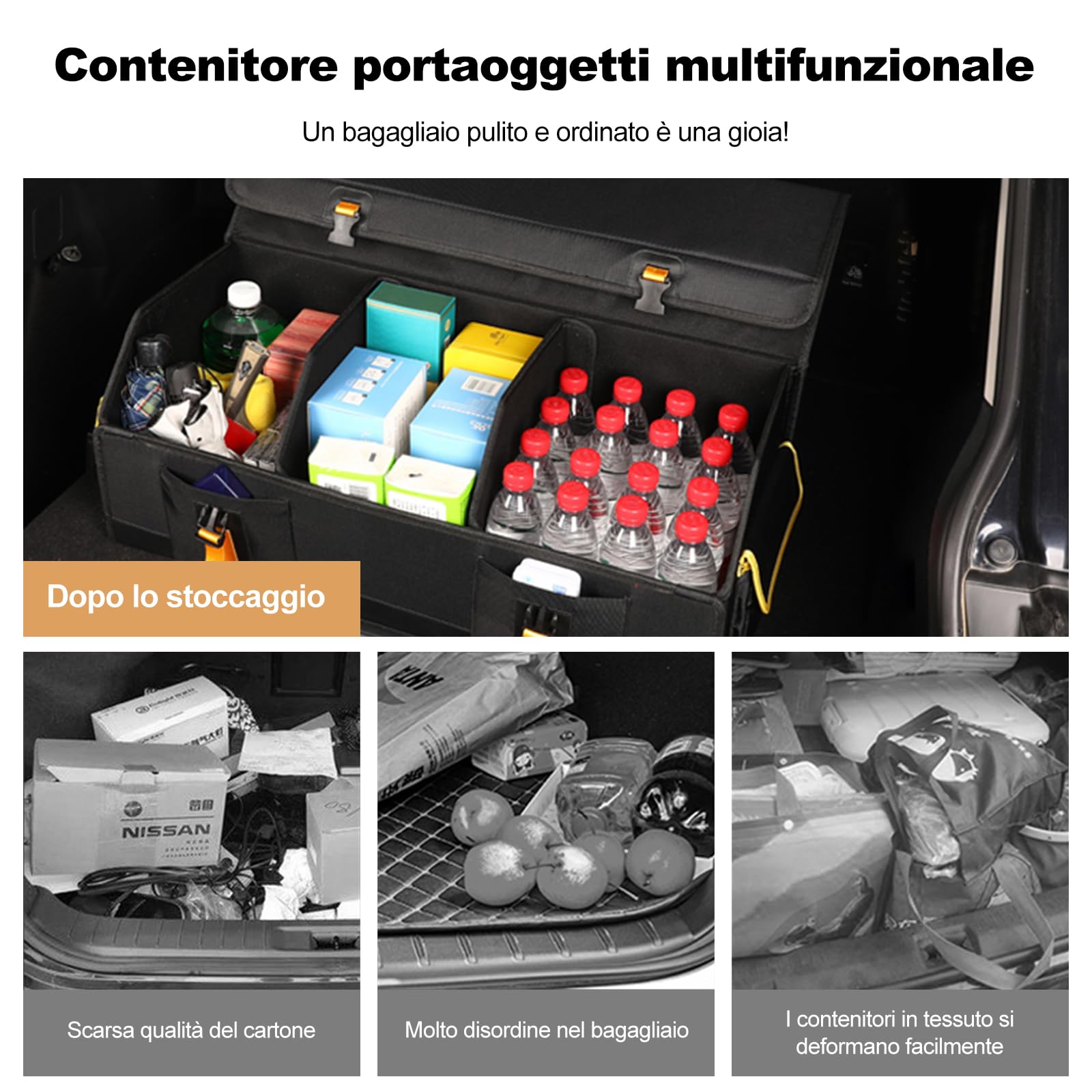 Ergocar Organizer per auto pieghevole multi scomparto con partizione rimovibile, fondo antiscivolo, impermeabile, durevole, multiuso, per tenere in ordine il bagagliaio dell'auto