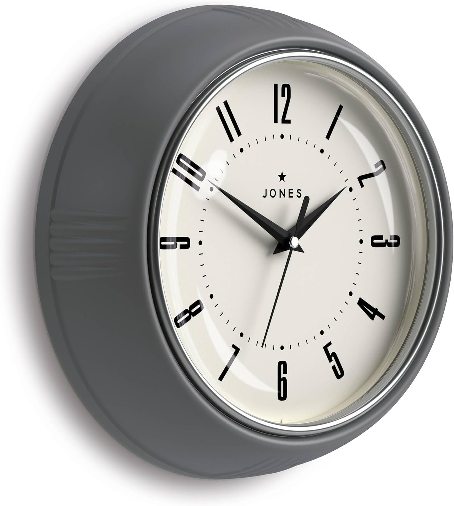 Jones Clocks® Ketchup wall clock | Round retro diner clock | 25cm | Grey | Ideal for the kitchen, living room, office or bedroom | Easy to read numbers