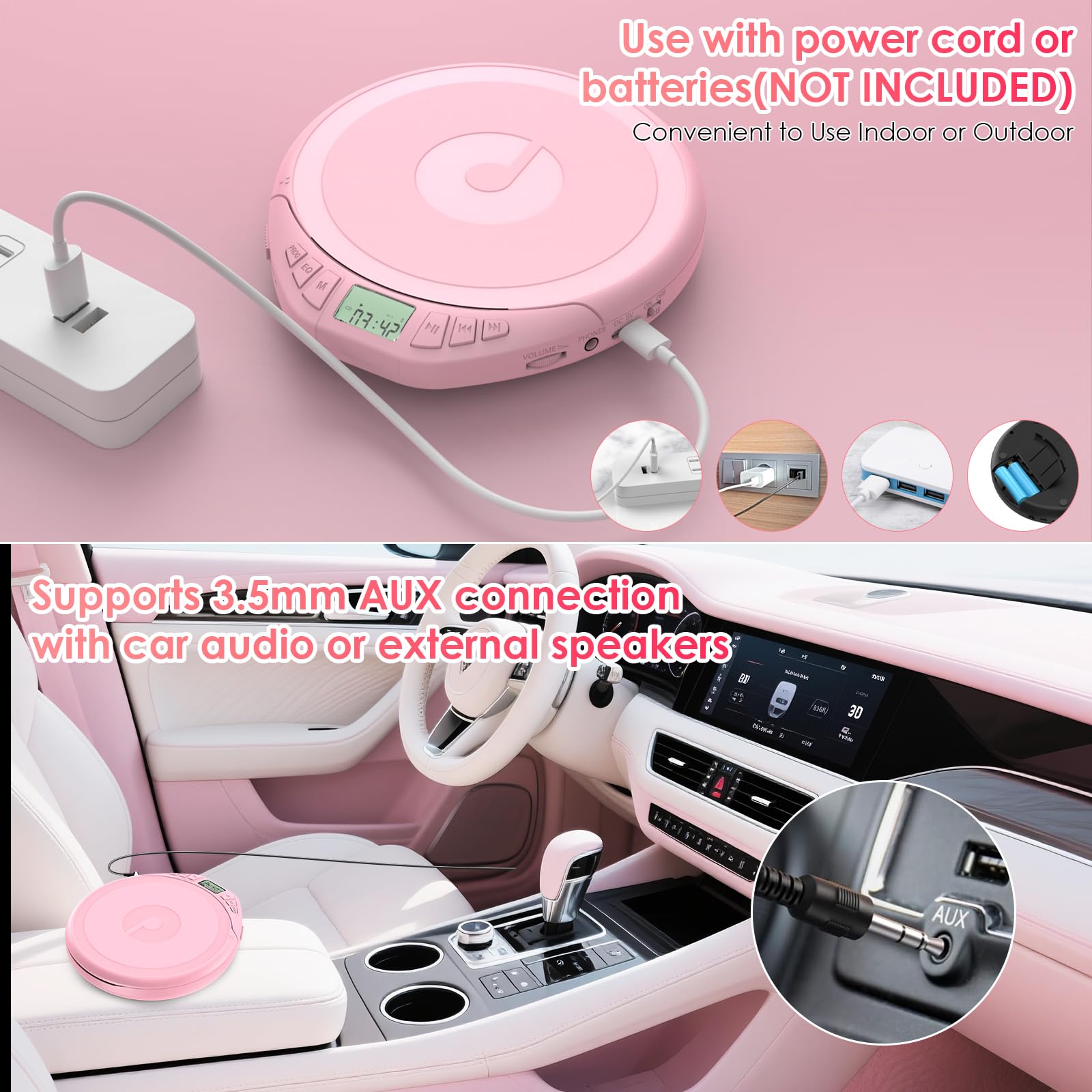 Gueray CD Player Tragbar Kinder Tragbarer CD-Player fürs Auto Discman mit Kopfhörer LCD-Display Unterstützung ASP PROG Speicherfunktion Repeat-Funktion Sound-Effekt Rosa