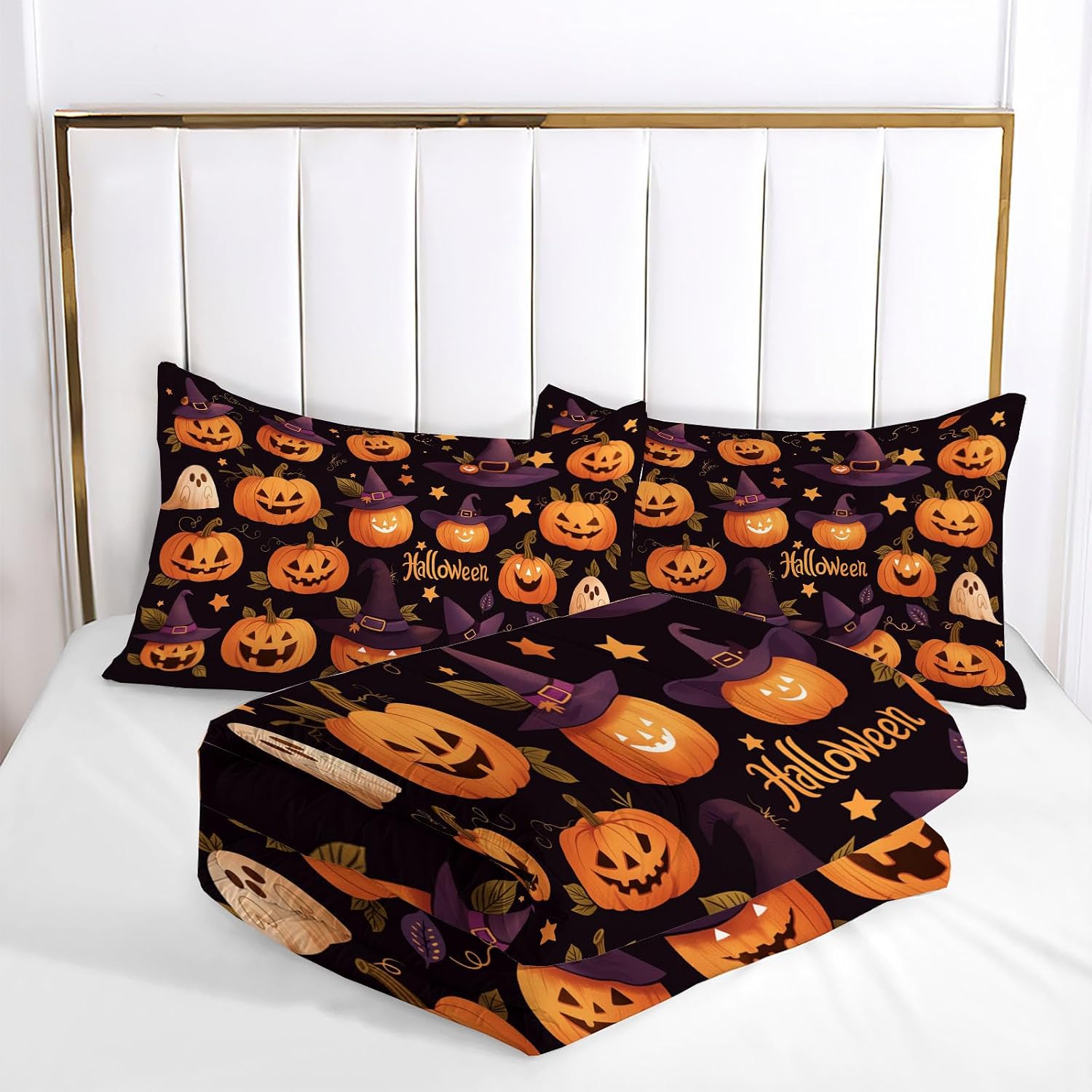 Halloween Ghost Comforter Set Twin Size, Witch Hat Pumpkin Bedding Set for Teens Adults Room, Black Soft 68" x 86" Quilt with 1 Pillow Cases, Lightweight Black Quilt for All Season