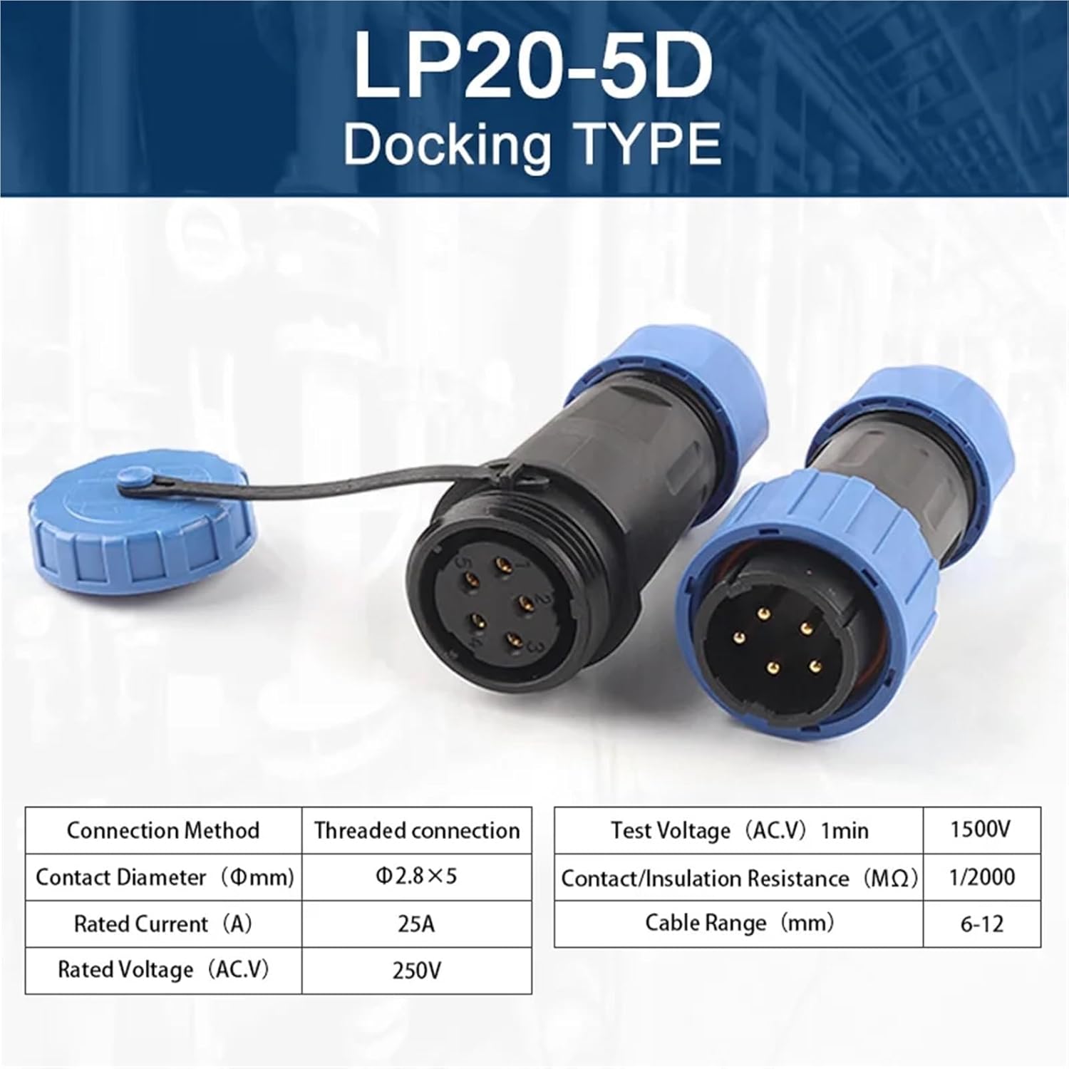LP20/SP20 IP68 Quick Waterproof Connector Butt Type Screw Crimp Male Female Socket No Welding Power Wire Connectors(LP20-5D)