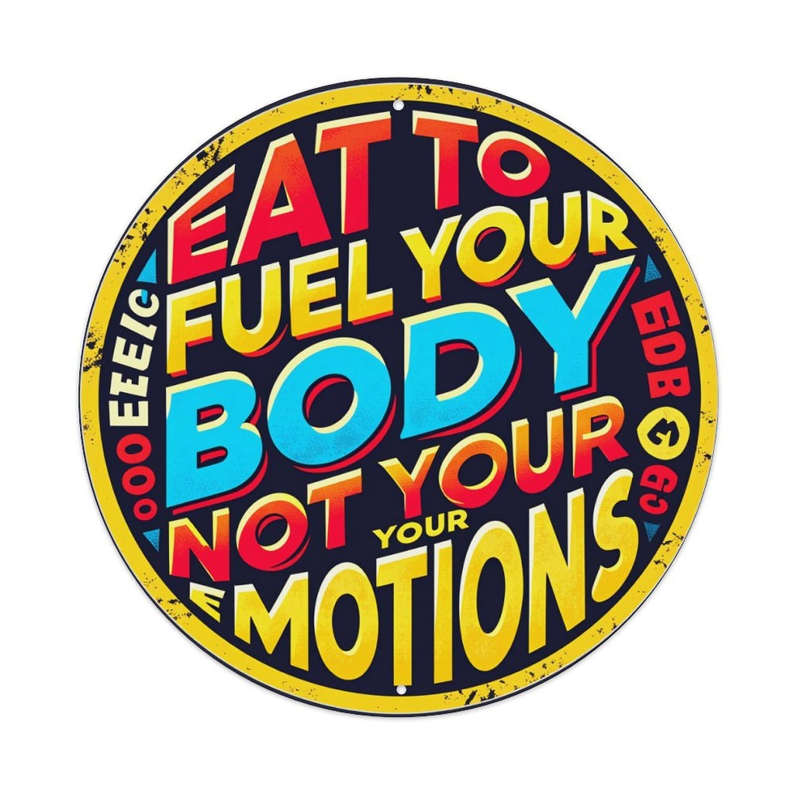 Eat To Fuel Your Body Not Your Emotions Round Vintage Tin Sign,Retro Wall Art,Metal Poster for Home, Bar, Garage, Cafe, Rustic Indoor & Outdoor Decor, 8x8 Inches