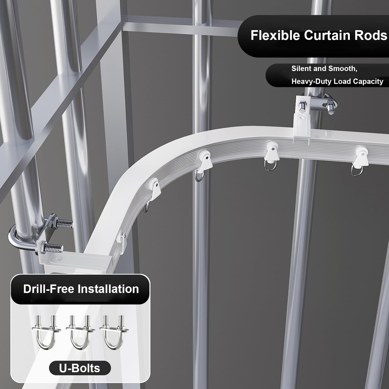 Flexible Vorhangstange ohne Bohren, biegbare Vorhangschiene mit leisen Rollen und U-Bolzen-Befestigungsklemmen, geeignet for die Installation an Metallgeländern oder Rohren(500cm/197in)