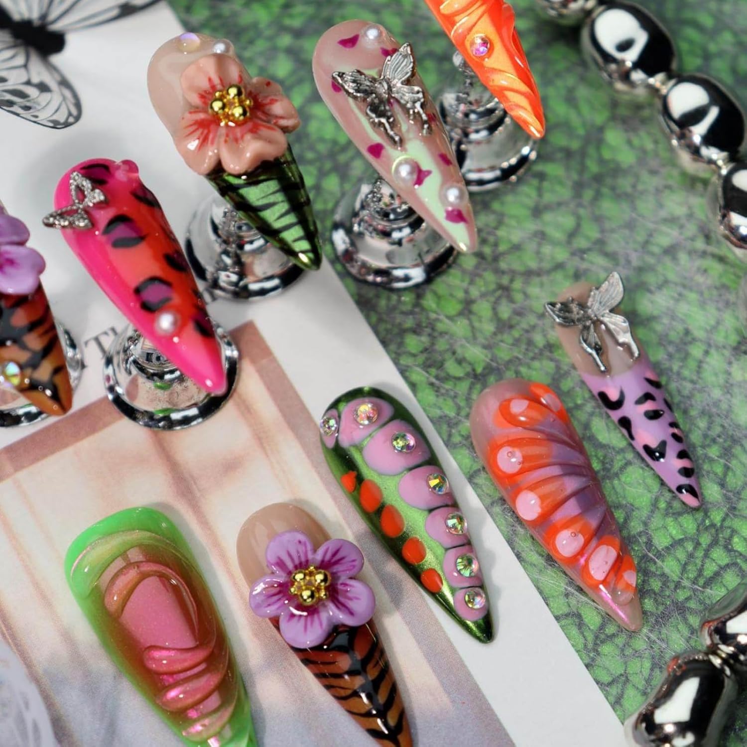 3D Floral Butterfly Press on Nails Long Stiletto Fake Nails Pure Hand-Painted Nail Animal Print with Design Coloful Stick on Nail Exquisite False Nail for Women Spring Manicure (L)