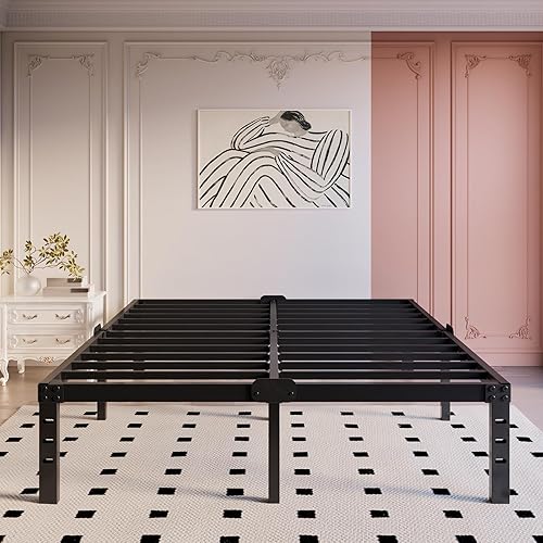 Miniatura 25 de Base de cama matrimonial con cabecero, almacenamiento compatible, no necesita somier, tamaño negro, plataforma de metal resistente, marco de cama,