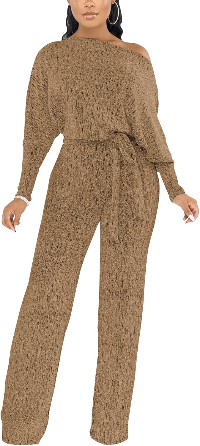 ZonJie Jumpsuits for Women Elegant Sexy Sparkly Sequin Off Shoulder Pants Long Sleeves Wide Leg Clubwear Rompers