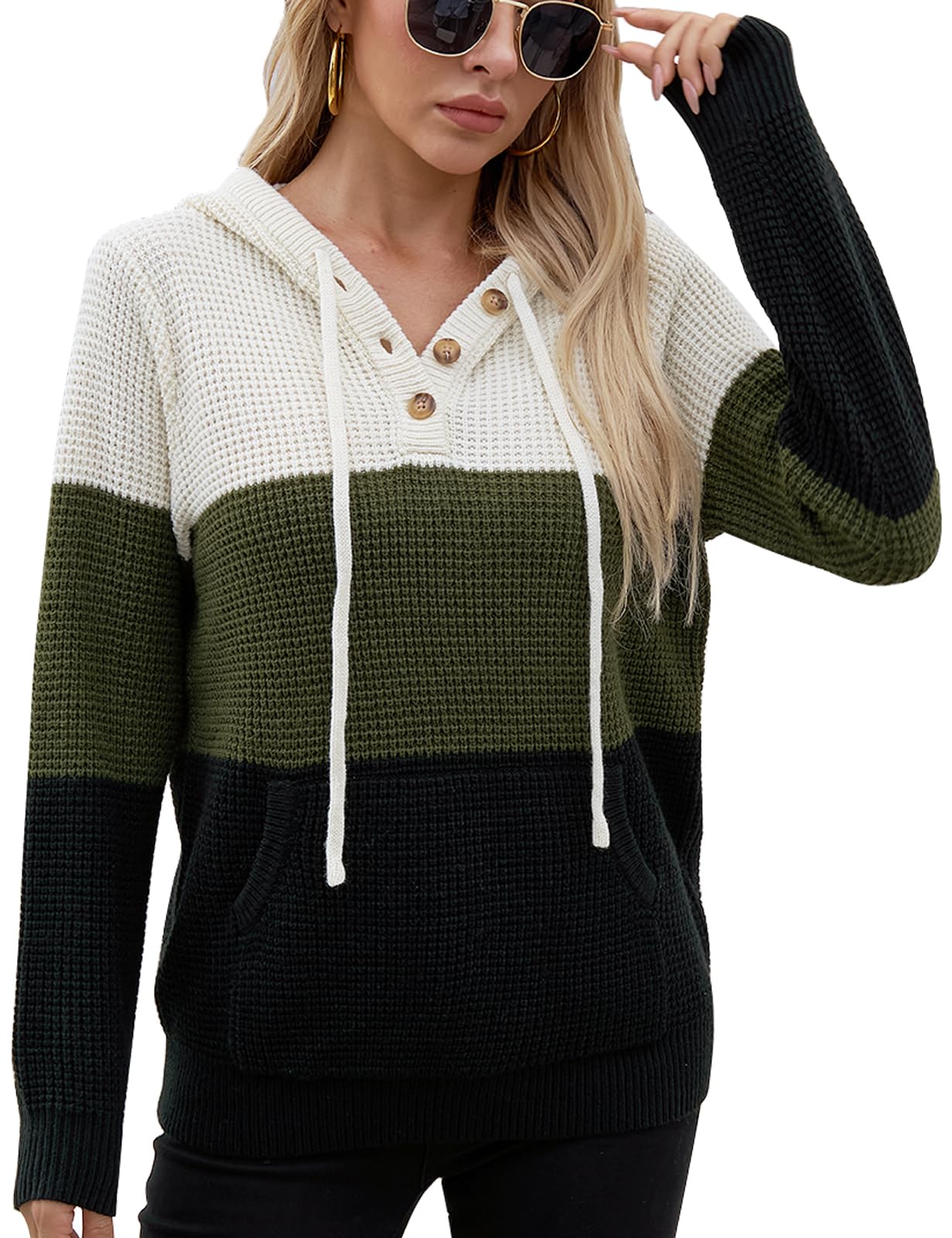 CiCiBird Women's Fall Hoodies Sweater V Neck Waffle Knit Top with Pocket