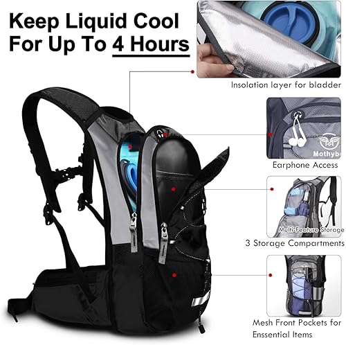 Miniatura 3 de Paquete de hidratación, mochila de hidratación aislada con bolsa de agua sin BPA de 2 litros y almacenamiento, mochila de senderismo para hombres,