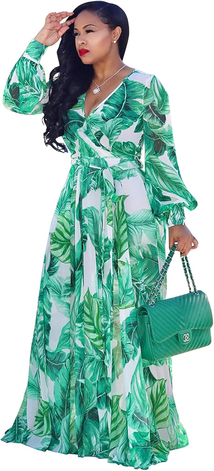 BOGURST Plus Size Maxi Dress for Women Chiffon Deep V-Neck Printed Loose Summer Beach Dresses